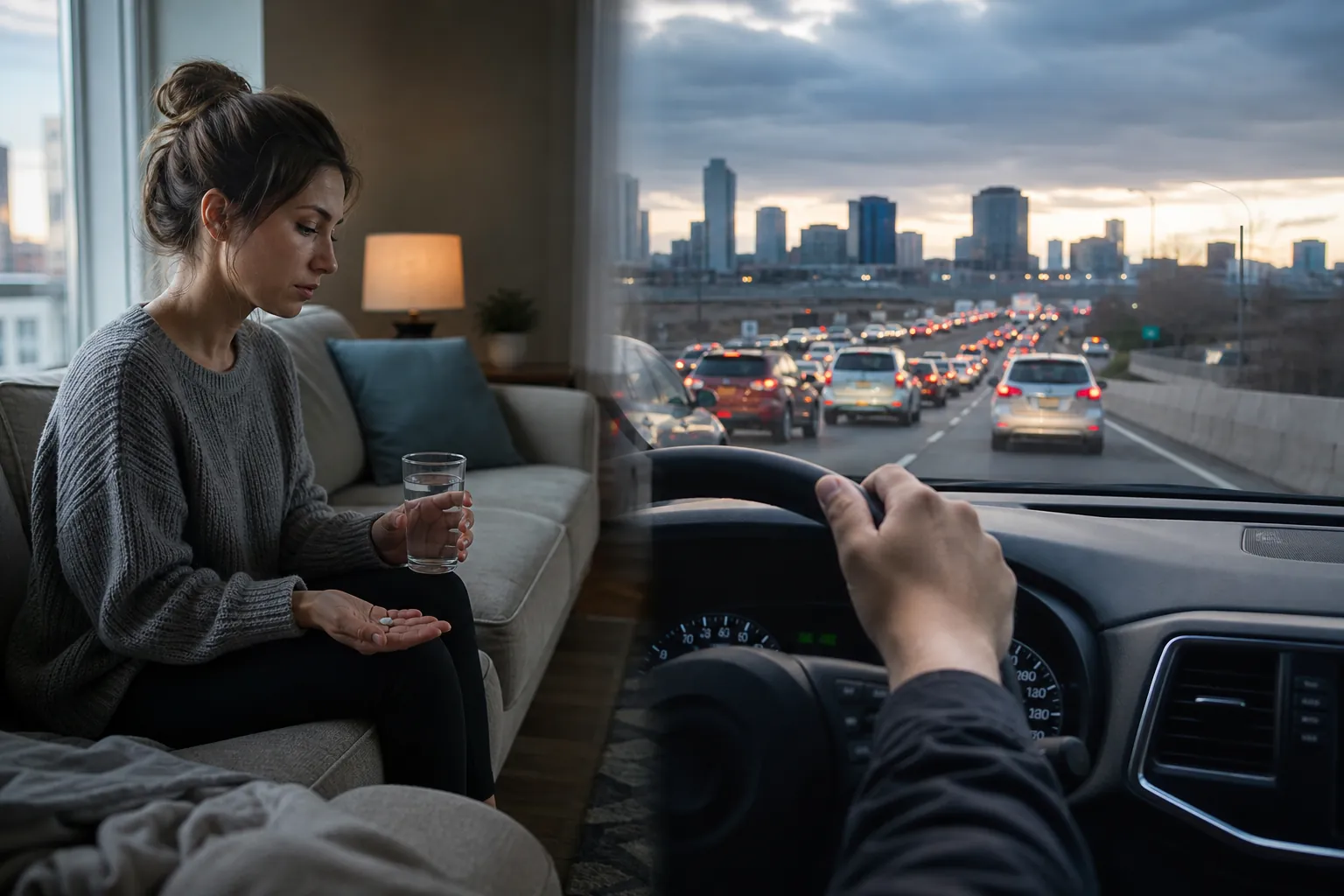 Medication Routine and Heavy Highway Traffic Composite scene of a woman holding pills and a glass of water beside a driver's view of heavy highway traffic and a city skyline.