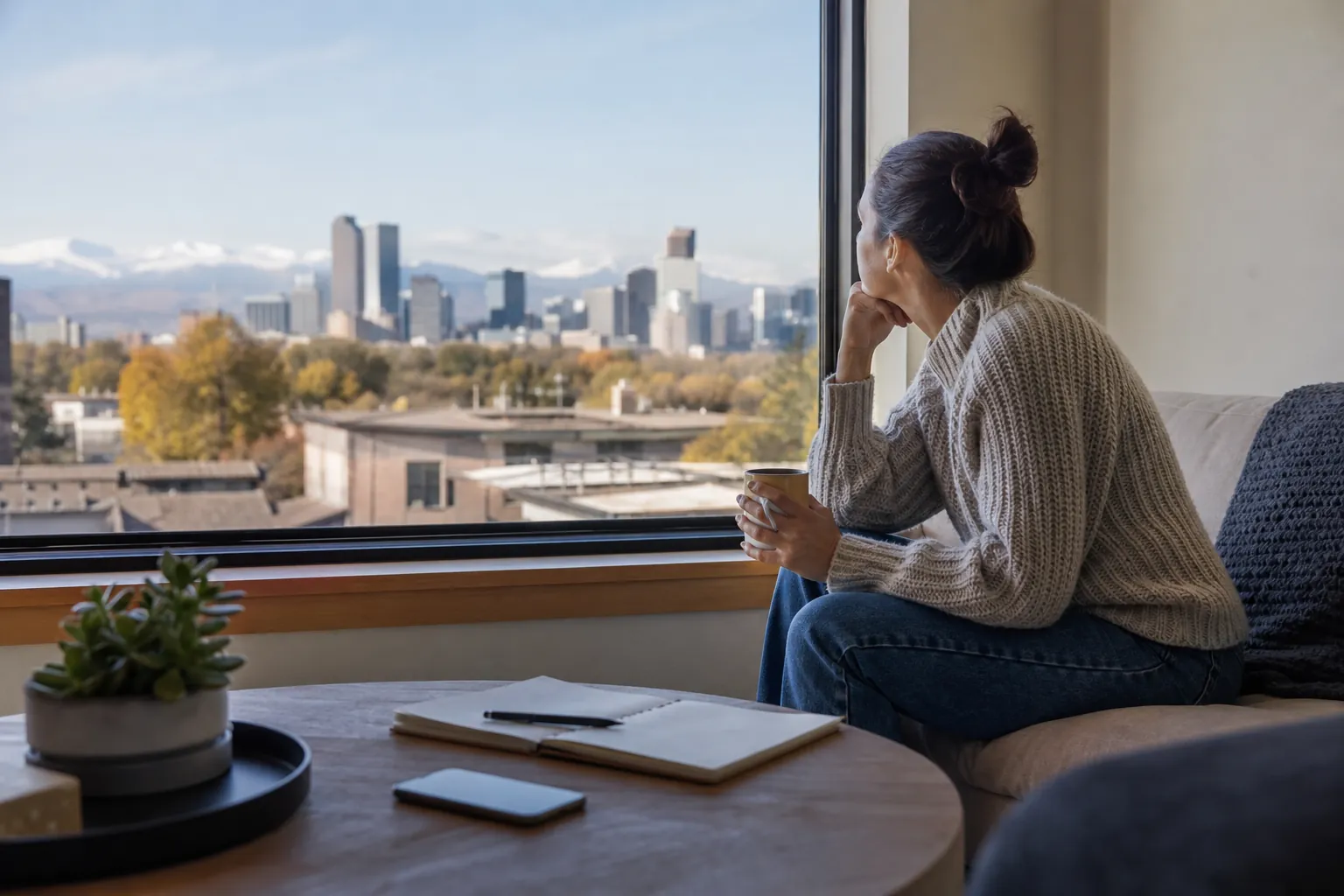 Woman With a Mug Overlooking a City and Mountains A woman holding a mug sits beside a window overlooking a city and mountains, with an open notebook and phone on a table.