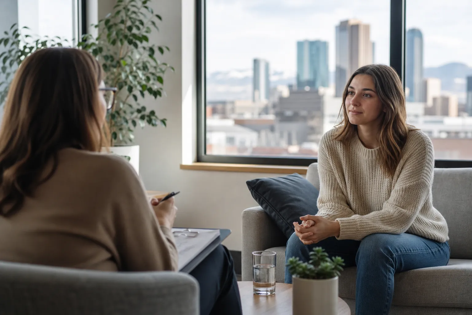 One-on-One Counseling in an Office With City Views A woman sits with clasped hands on a gray sofa, facing a woman holding a pen and clipboard in an office with city views.