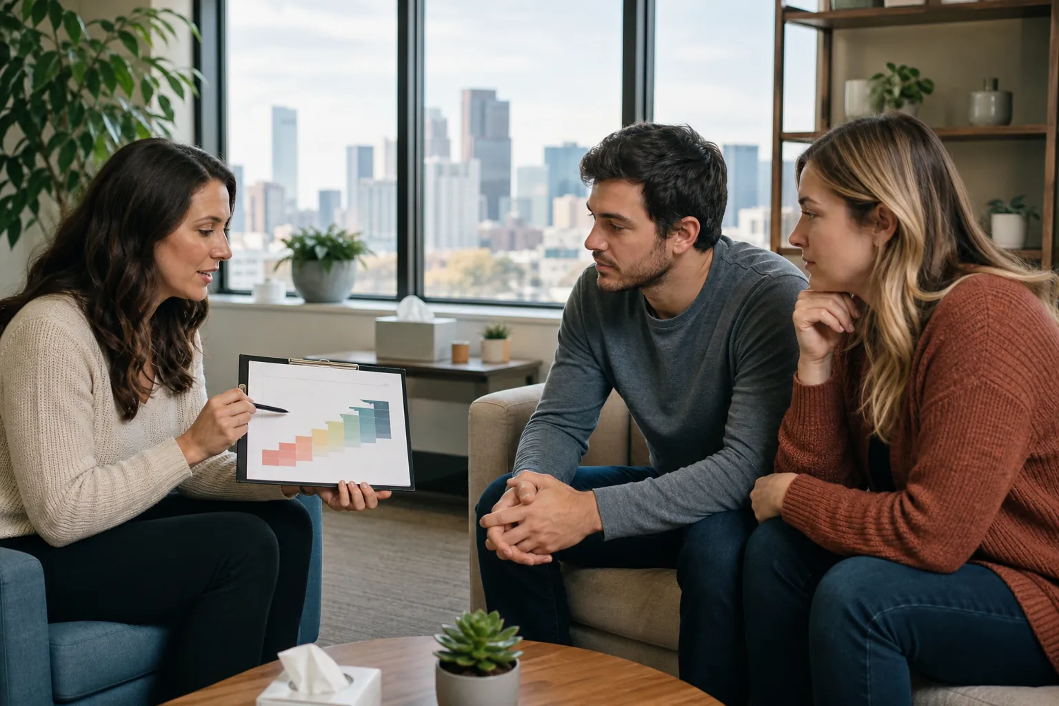 Discussion of Treatment Progress Using a Step Chart A woman points to a colored step chart on a clipboard while a man and woman listen in an office with large windows.