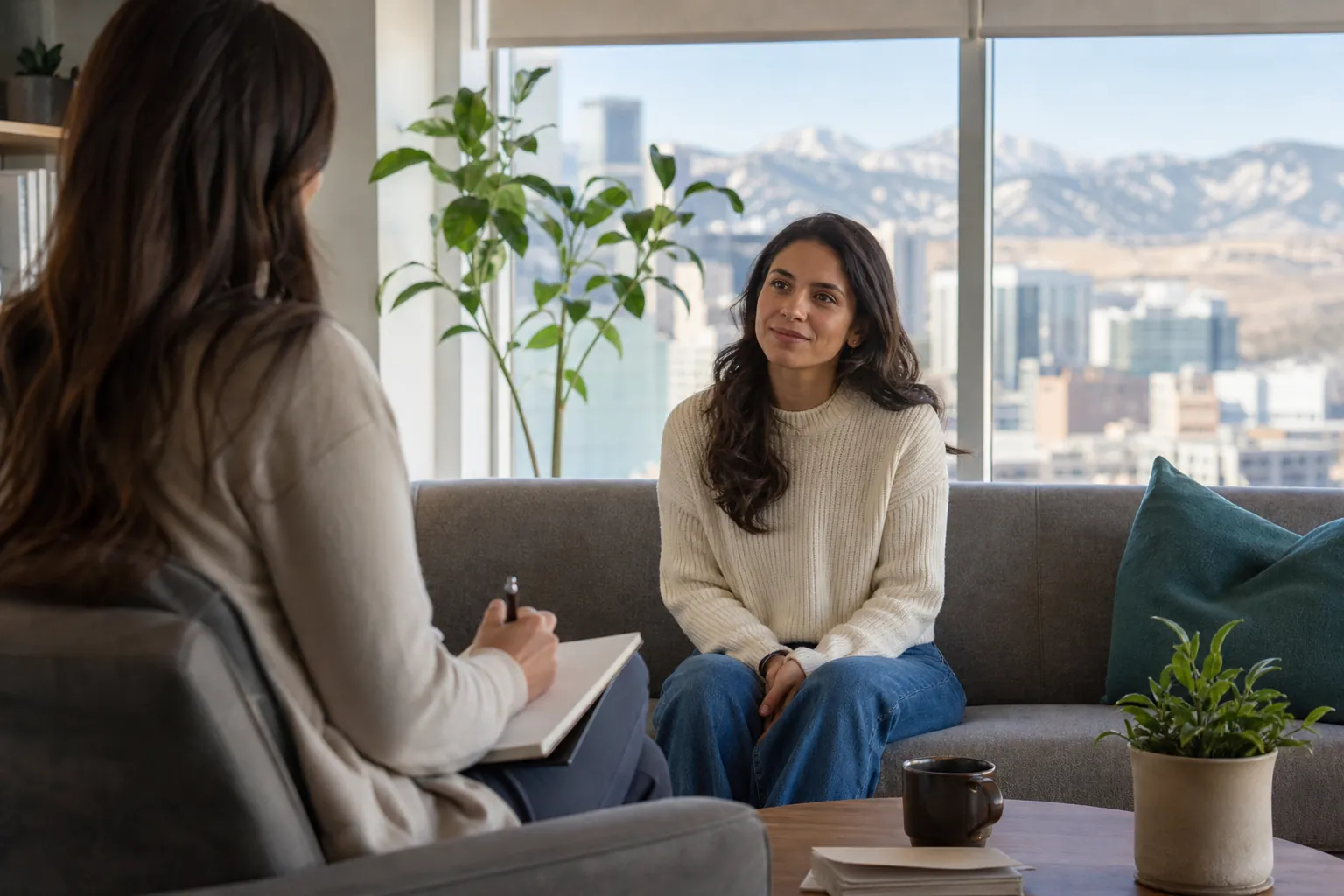 Counseling Conversation in a Mountain-View Office A woman sits on a gray sofa facing a note-taking counselor, with city buildings and snowy mountains visible through large windows.