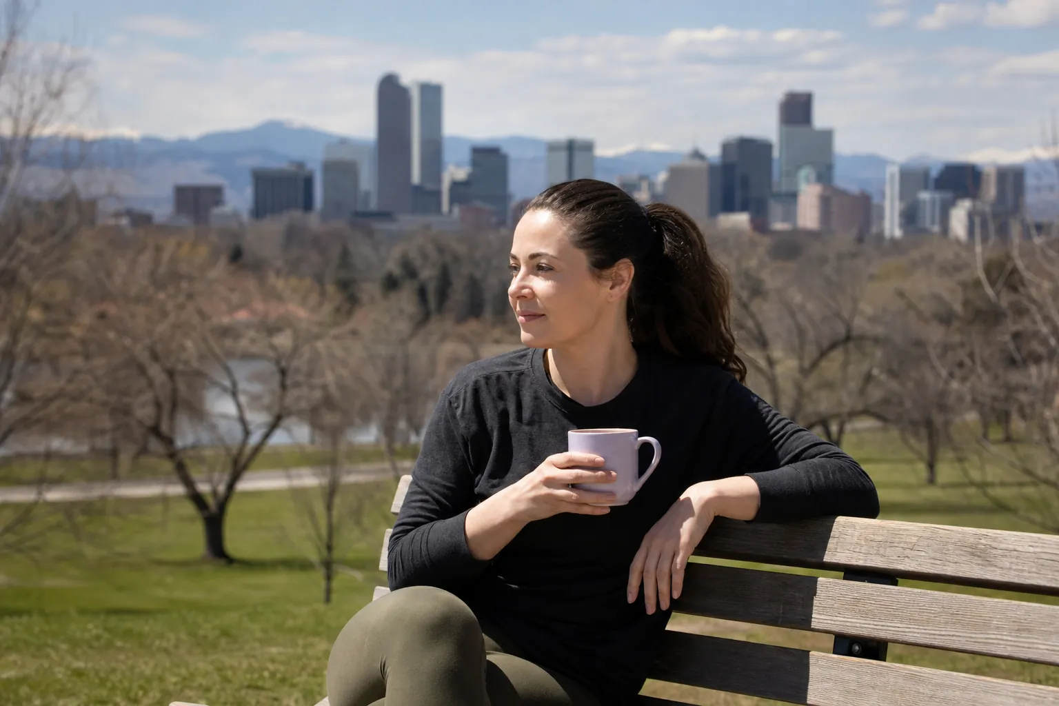 A woman holding a lavender mug sits on a wooden park bench with Denver's skyline and distant mountains behind her.