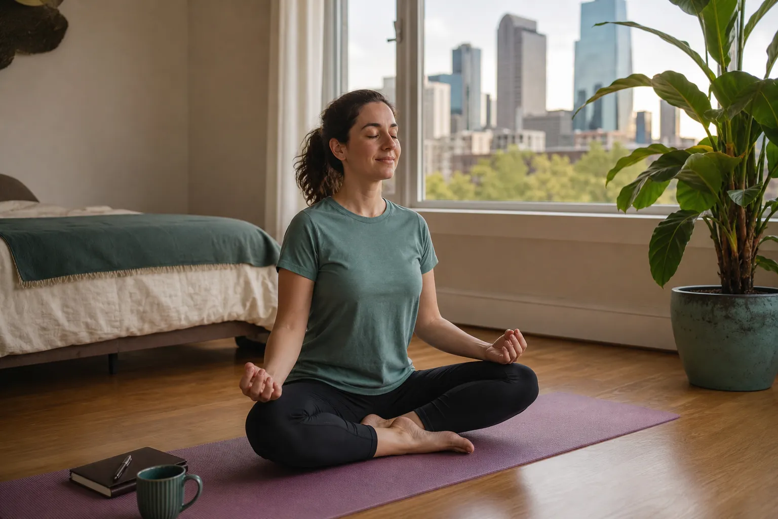 A woman sits cross-legged with eyes closed on a purple yoga mat beside a mug and notebook, with a city skyline outside.