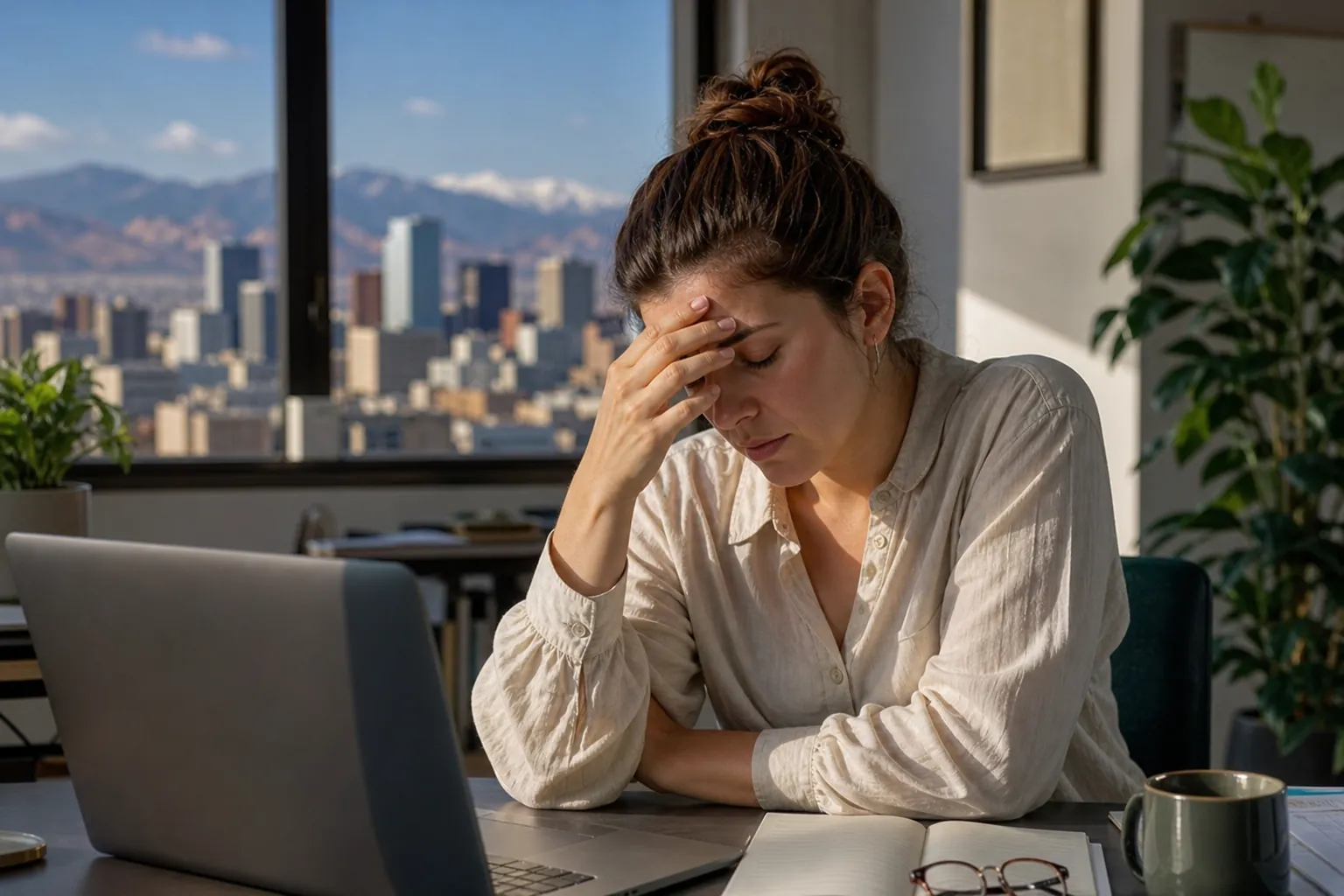 Woman Showing Exhaustion at an Office Desk A tired-looking woman rests her hand on her forehead beside a laptop, with a city skyline and mountains outside the office window.