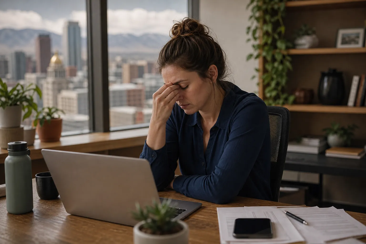 Woman Showing Signs of Exhaustion at Her Desk A tired-looking woman pinches the bridge of her nose at a desk with a laptop, papers, and a phone beside a city-view window.