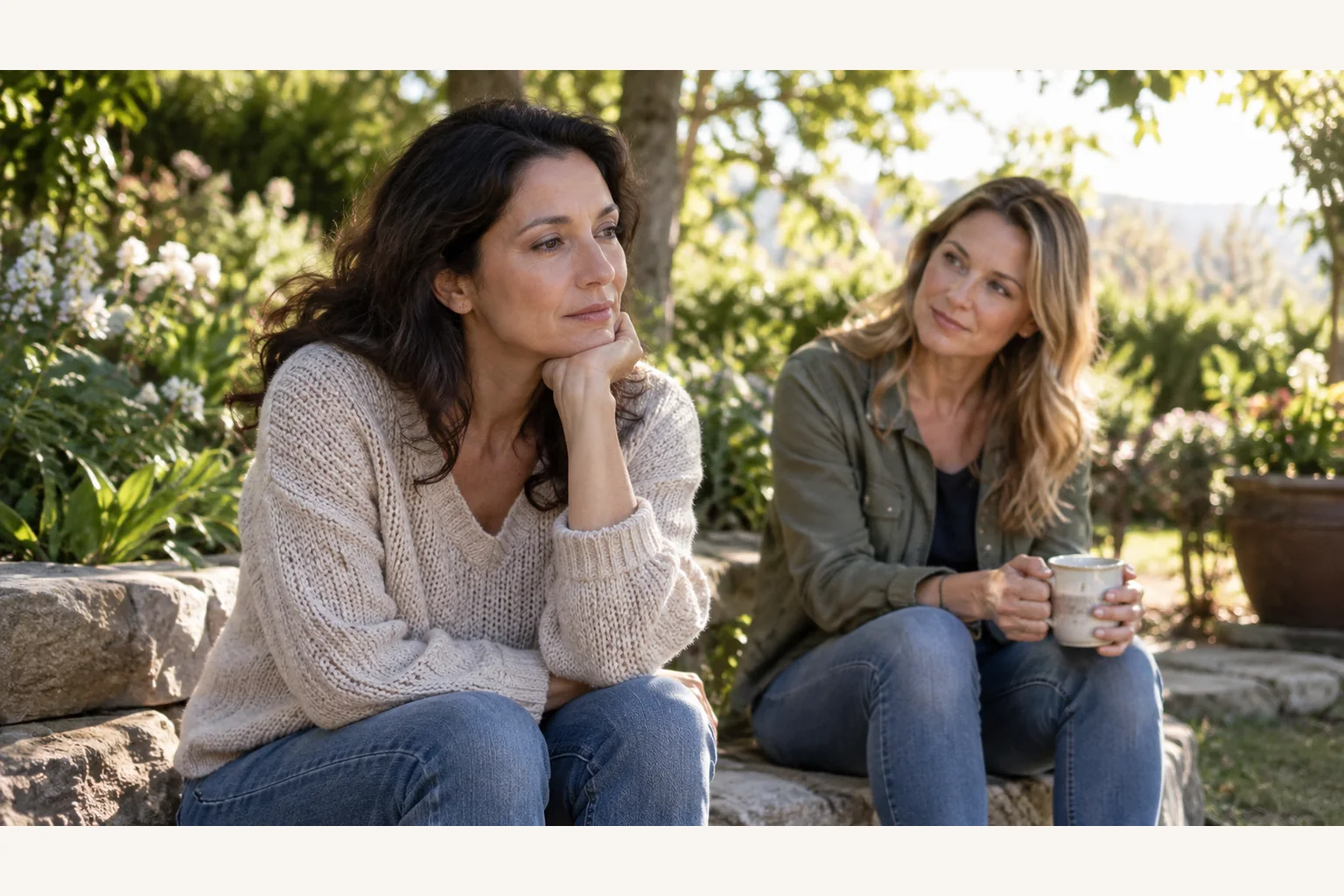 Illustrative scene: Two Women Sharing a Quiet Moment in a Garden Illustrative scene: Two women sit on a stone bench in a garden, one resting her chin on her hand while the other holds a mug and looks toward her.