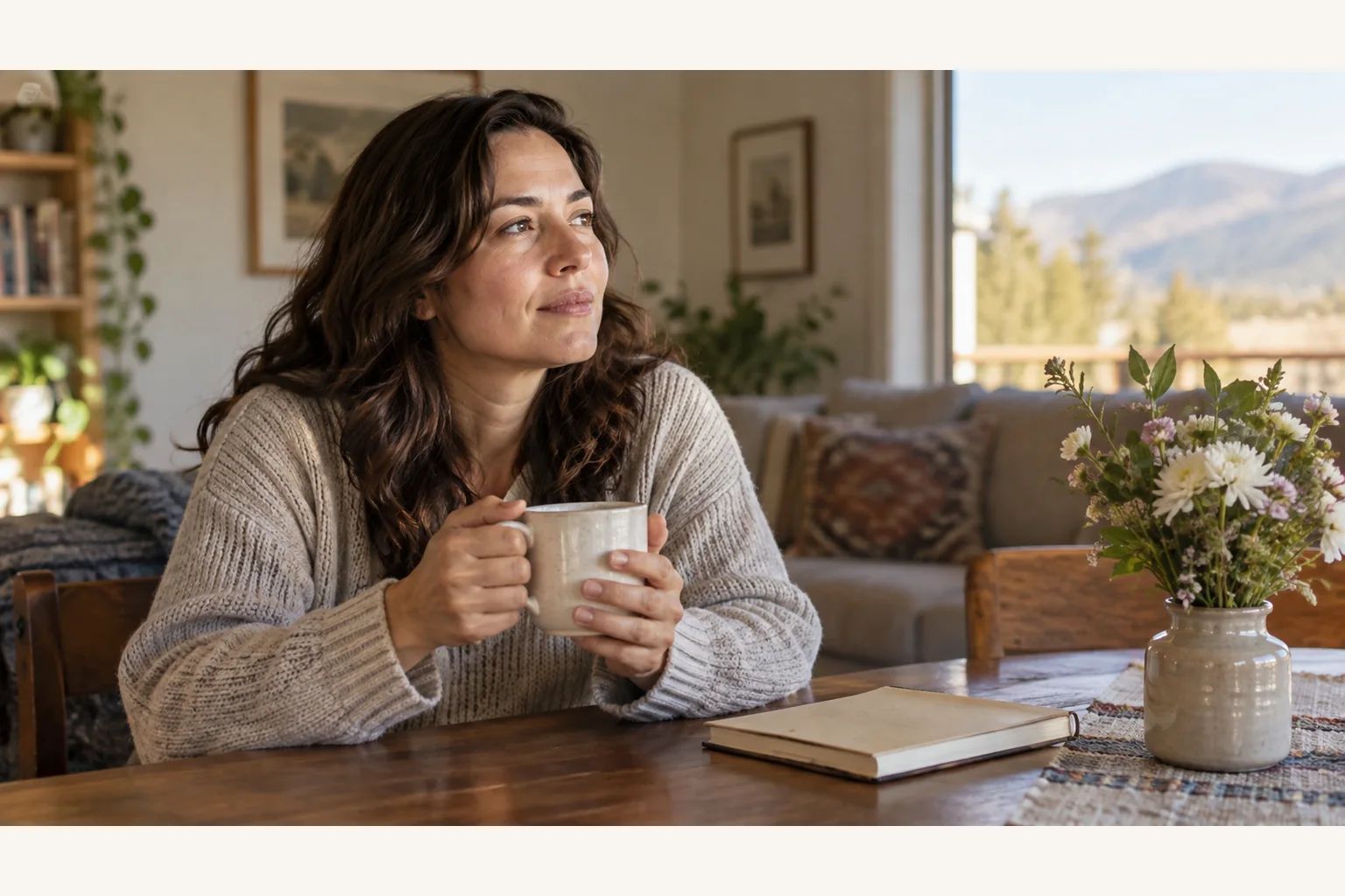 Illustrative scene: Woman Holding a Mug Beside a Mountain View Window Illustrative scene: A woman holds a mug at a wooden table beside a closed notebook and flowers, gazing toward a window with mountain views.