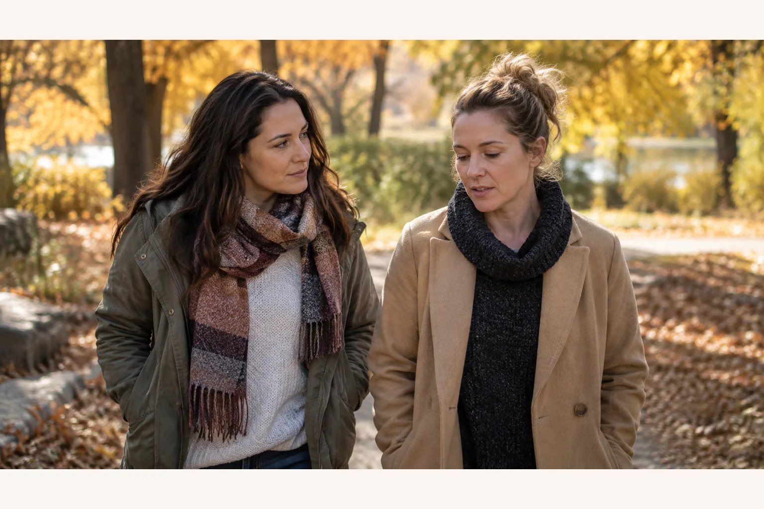Illustrative scene: Two Women Walking Together in an Autumn Park Illustrative scene: Two women in coats and scarves walk together on an autumn park path, one looking attentively at the other.