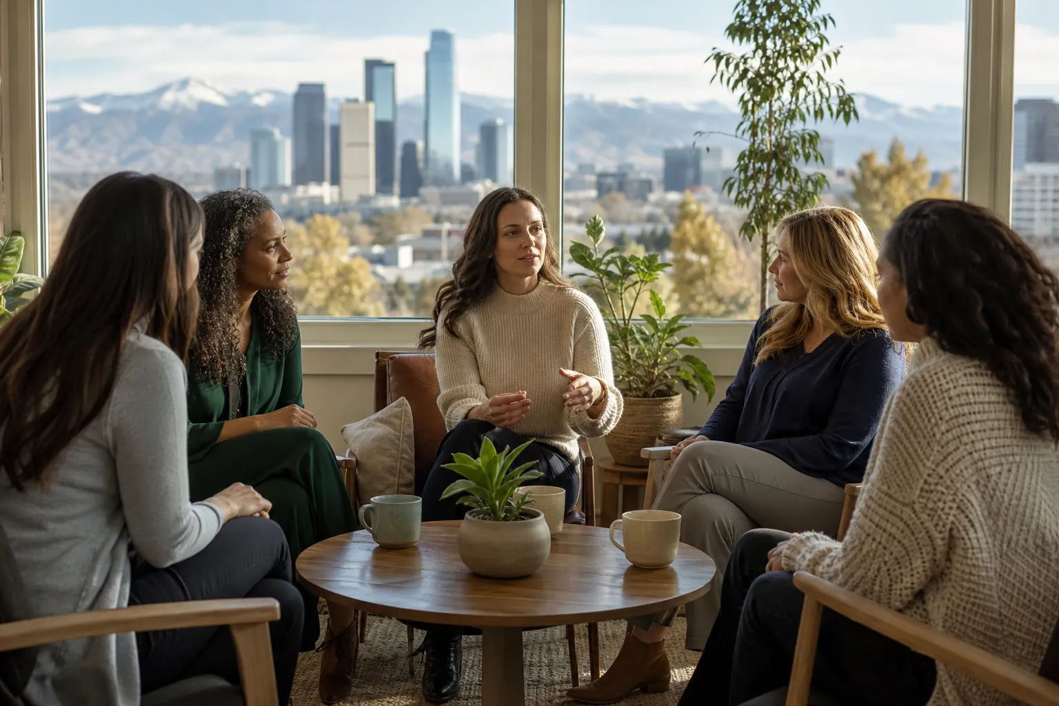 Women's Discussion Circle With City and Mountain Views Five women sit in a discussion circle around a wooden table, with plants, a city skyline and mountains behind them.