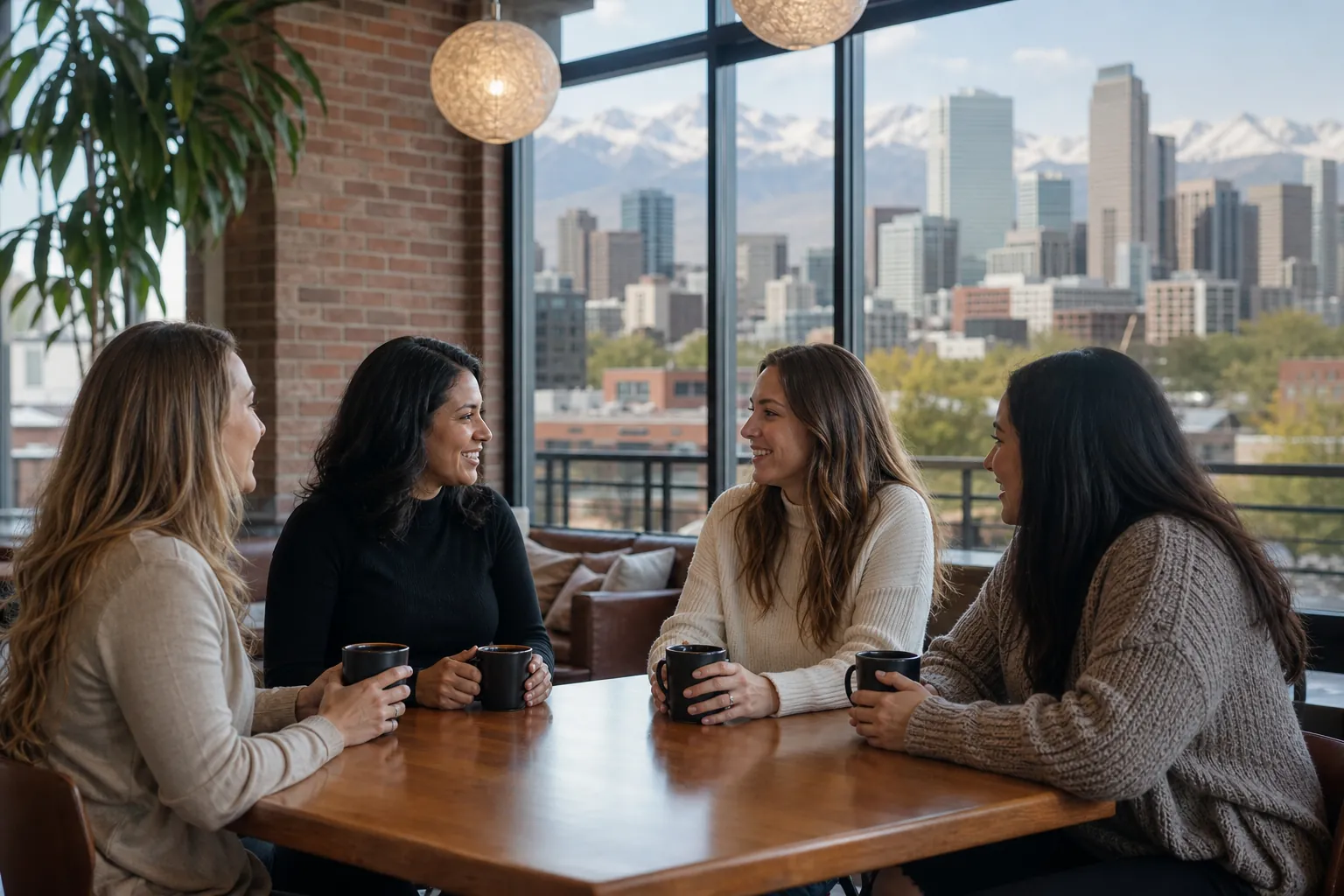 Four Women Chatting Over Coffee With City Views Four women holding mugs chat around a wooden table beside large windows overlooking a city skyline and distant mountains.