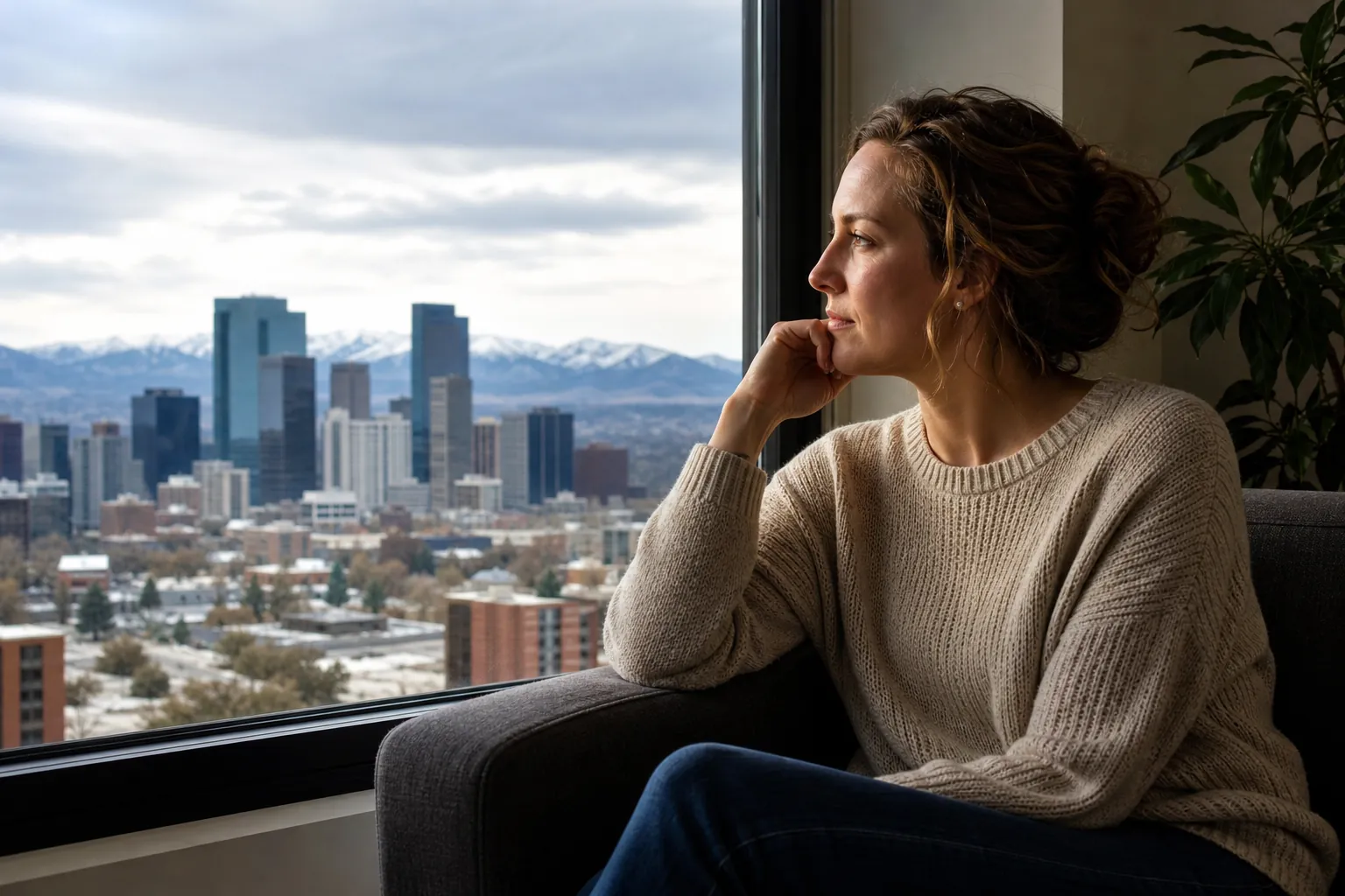 Woman Reflecting Beside a City View Window A woman in a beige sweater rests her chin on her hand beside a window overlooking a city skyline and snowy mountains.