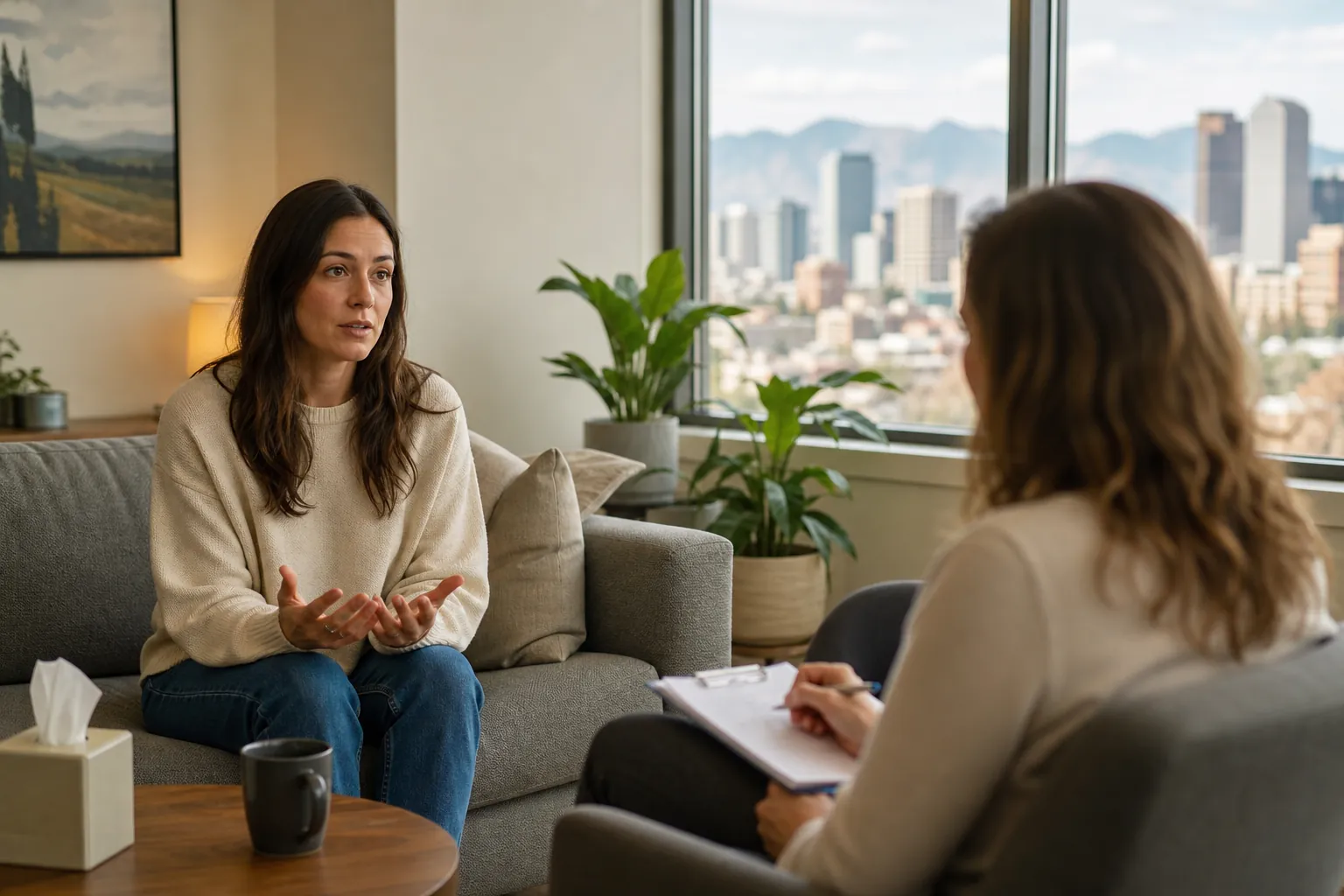 Woman Talking With a Therapist in a City Office (featured) A woman gestures while talking to a therapist holding a clipboard in an office overlooking a city and distant mountains.