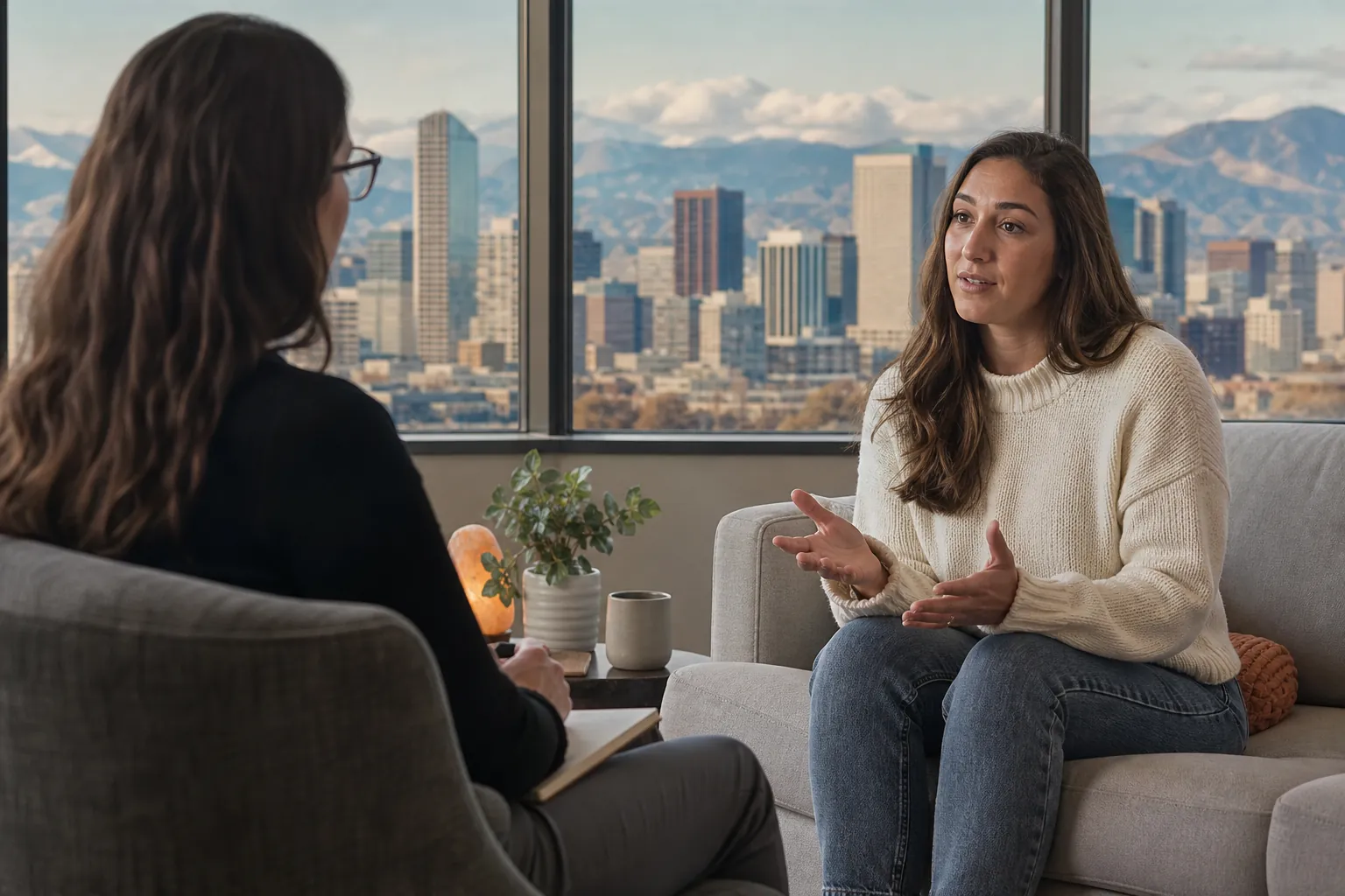 Woman Talking With a Therapist in a City Office (detail) A woman in a cream sweater gestures while talking with a therapist, with a city skyline and mountains beyond the windows.