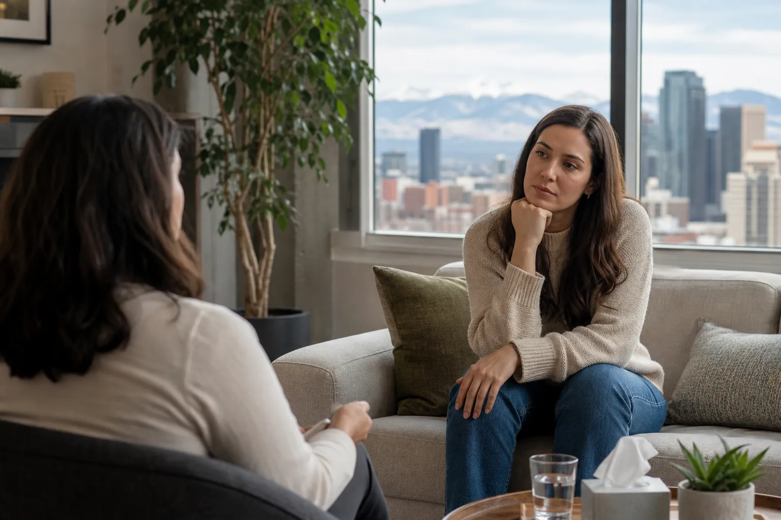 Two Women in a Quiet Office Conversation (next step) A woman rests her chin on her fist while facing another woman in an office with a sofa, tissues, and city views.