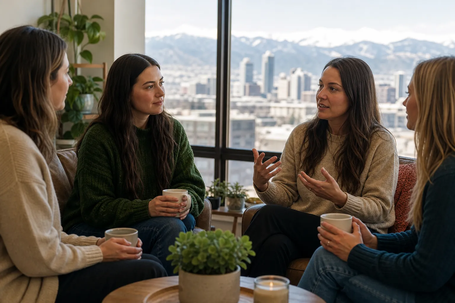 Women Talking Over Mugs Beside Mountain View Windows Four women sit together with mugs as one gestures, beside large windows overlooking a city and snow-capped mountains.