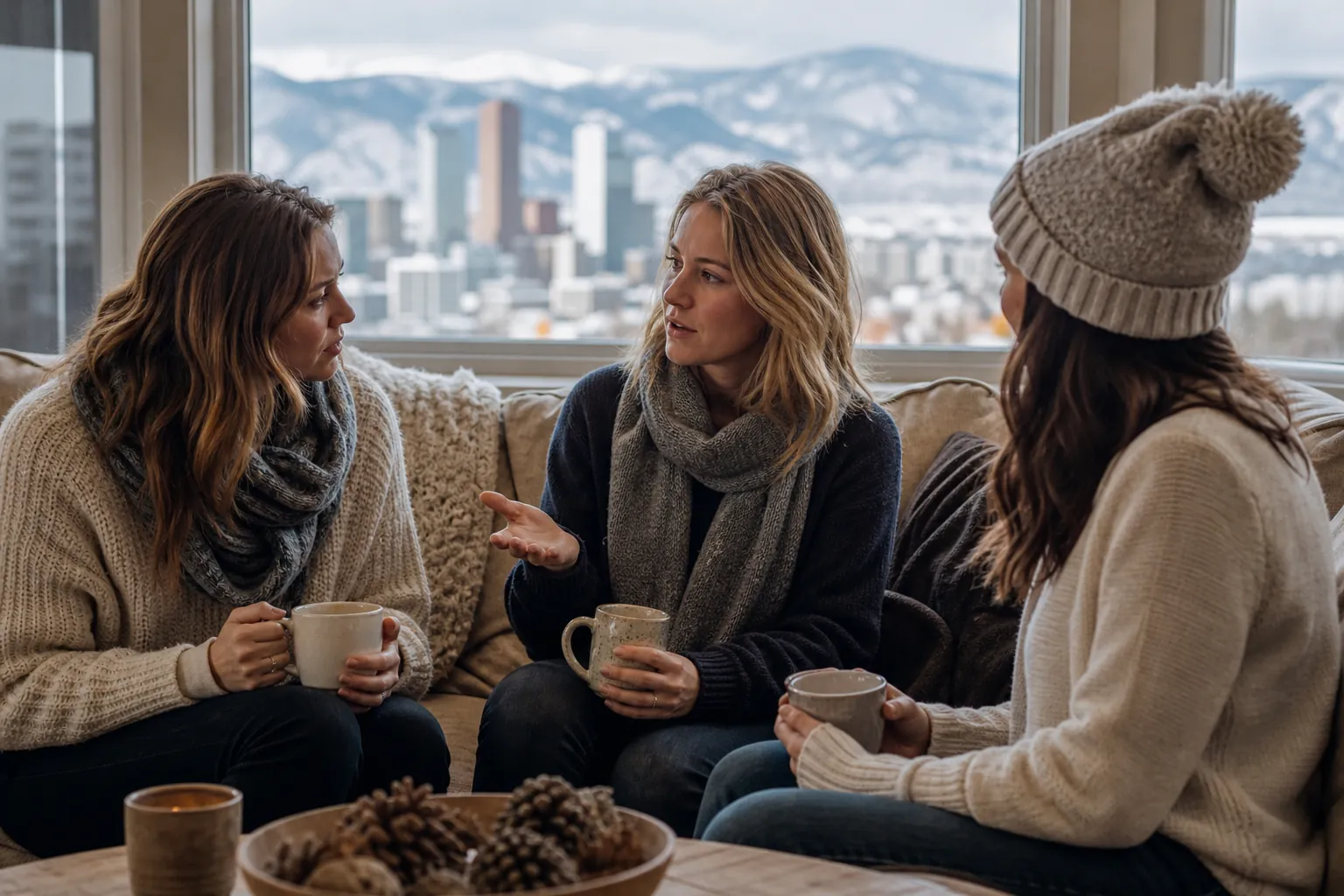 Women Talking Over Warm Drinks on a Winter Day Three women in winter clothing sit on a sofa holding mugs and talking, with a snowy city and mountains outside the window.
