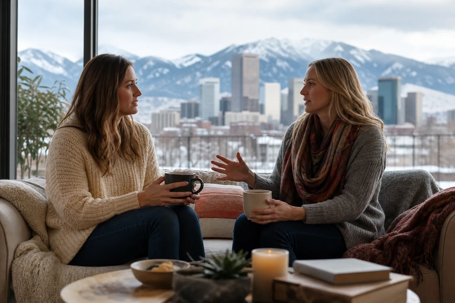 Women Talking Over Warm Drinks Beside a Winter View Two women holding mugs talk on a sofa beside a large window overlooking a city skyline and snowy mountains.