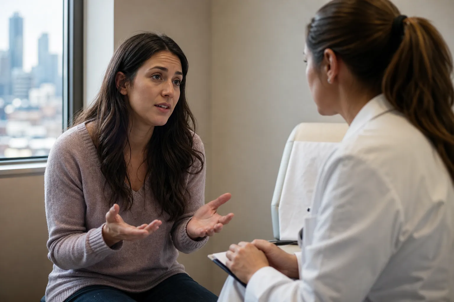 Woman Talking With a Clinician in an Exam Room A seated woman gestures with open hands while talking to a female clinician in a white coat in an exam room.