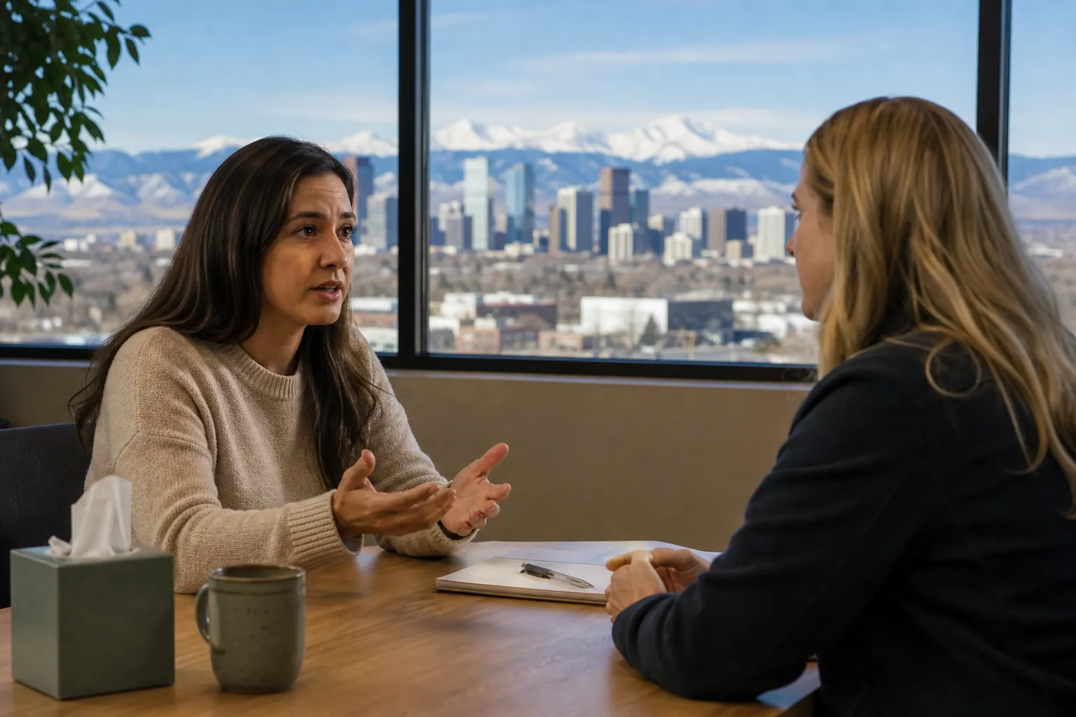 Two Women Discuss Concerns Across a Table Two women talk across a table with a clipboard, mug and tissue box, with a city skyline and snowy mountains outside.