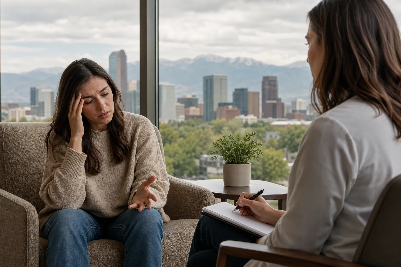 Explaining Overwhelming Symptoms In CO - Woman Discussing Symptoms While Another Woman Discussing Symptoms While Another; Explaining Overwhelming Symptoms In CO, Denver, CO