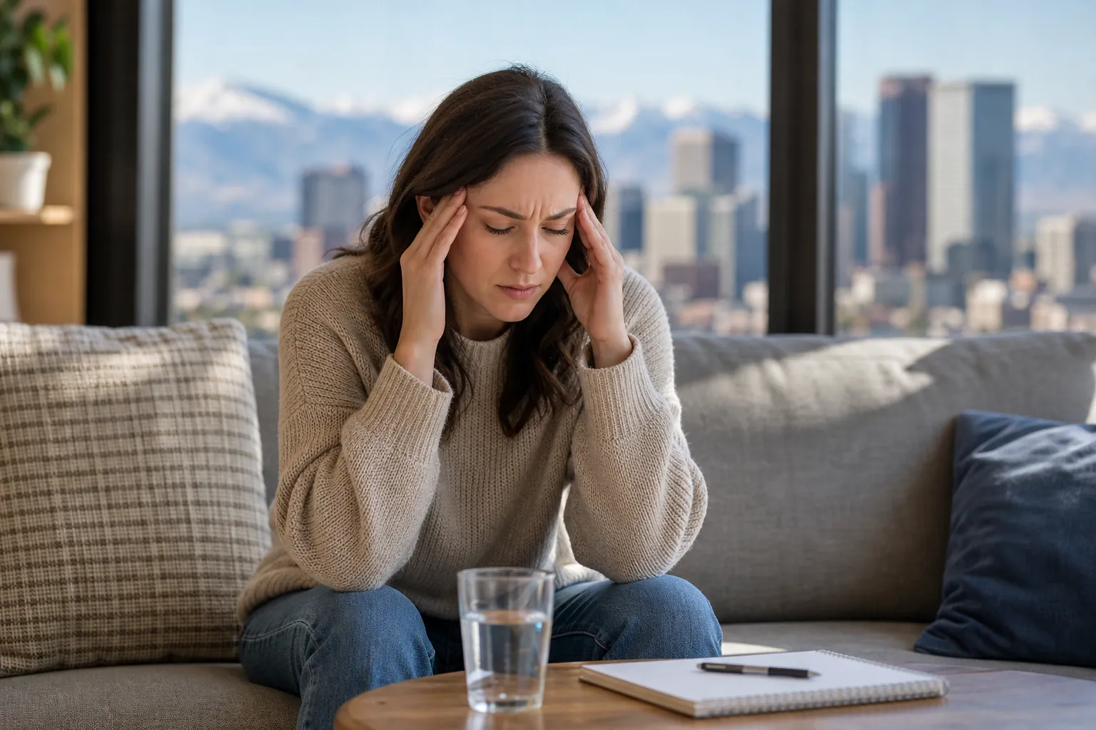 Explaining Overwhelming Symptoms In CO - Woman Holding Her Temples on a Sofa Woman Holding Her Temples on a Sofa; Explaining Overwhelming Symptoms In CO, Denver, CO