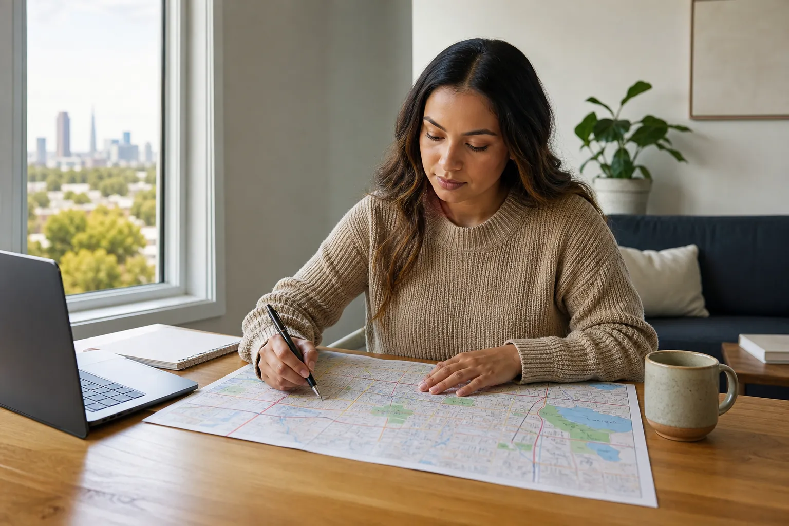 Woman Planning a Route With a Map and Laptop A woman studies a street map with a pen at a wooden table beside a laptop and mug, with a city skyline outside the window.