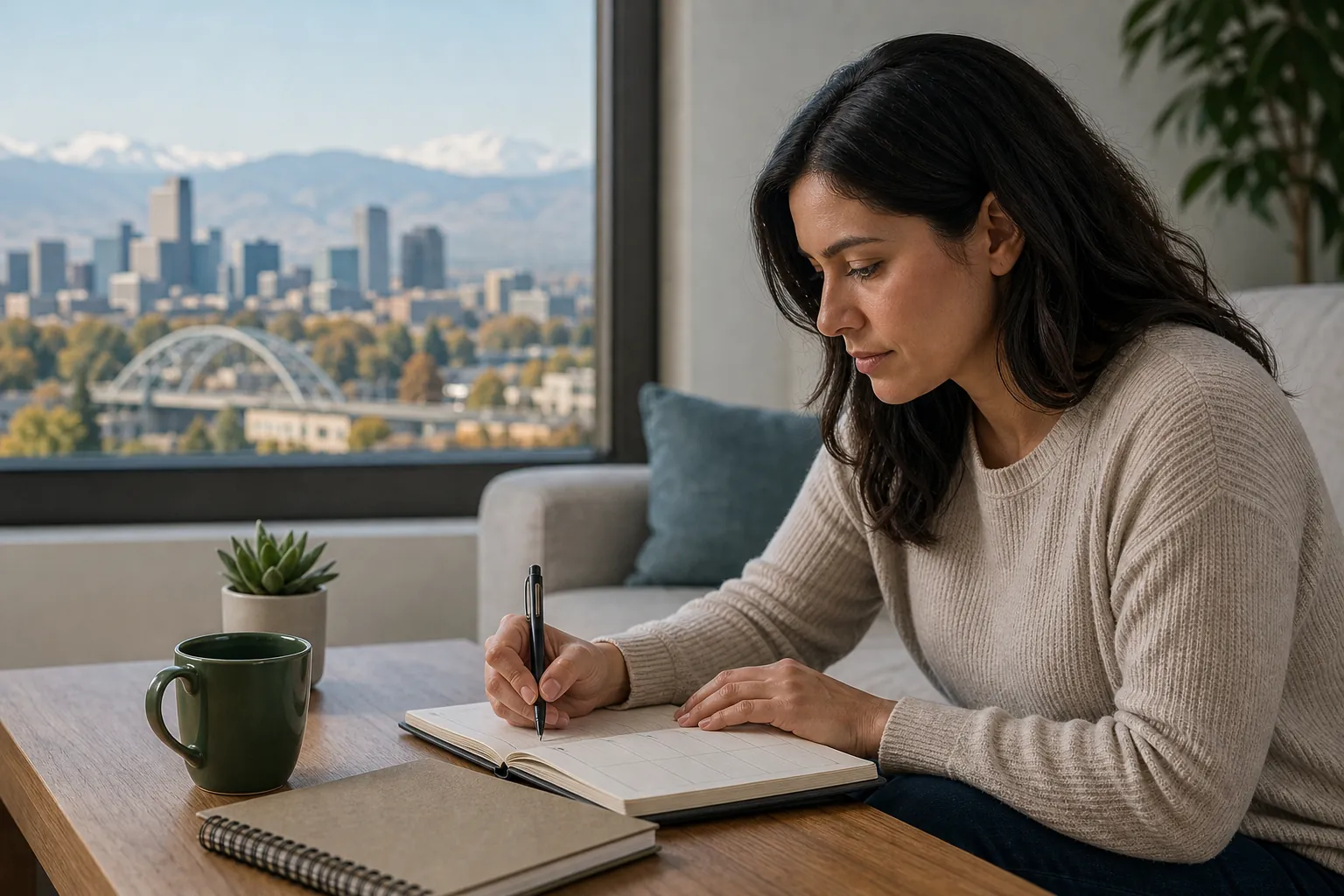 Woman Planning Beside a Denver Skyline View A woman writes in an open planner at a wooden table beside a mug, with Denver's skyline and mountains visible through a window.