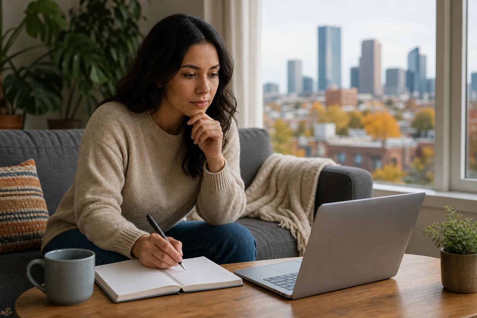 Woman Reviewing a Laptop With an Open Notebook A woman seated on a sofa looks at a laptop while holding a pen over an open notebook, with a city skyline outside.