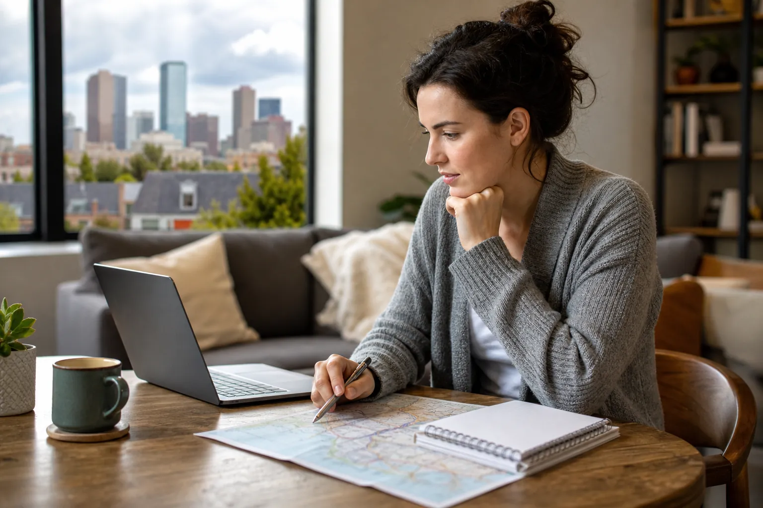 Woman Planning Travel With a Map and Laptop A woman studies a paper map with a pen beside an open laptop and spiral notebook, with a city skyline visible through the window.