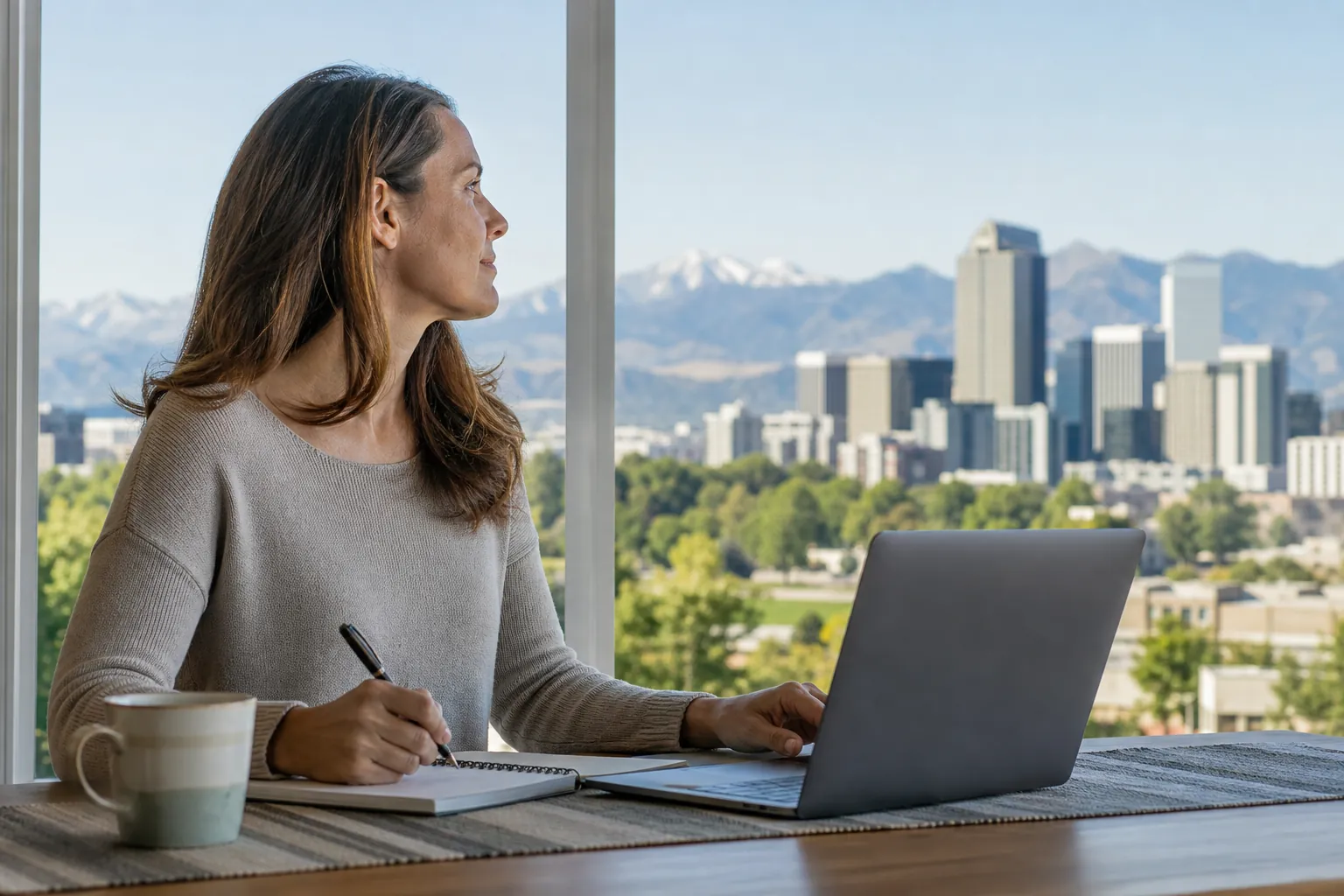 Woman With Laptop Overlooking City and Mountains A woman sits with a laptop, notebook, pen and mug beside a window overlooking a city skyline and snowcapped mountains.
