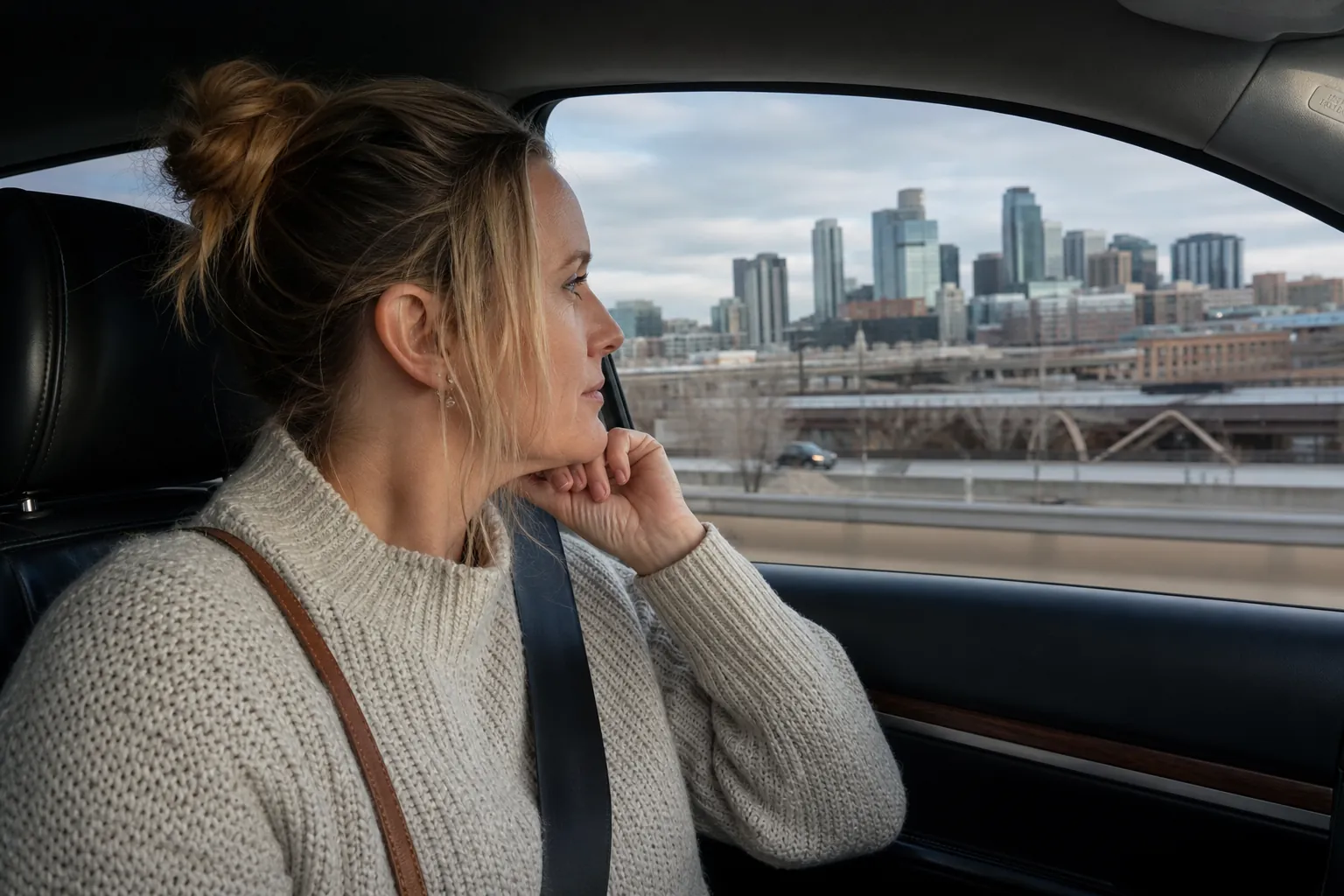 Woman Looking at a City Skyline From a Car A woman in a knit sweater sits buckled into a car, resting her hand beneath her chin and looking toward a city skyline.