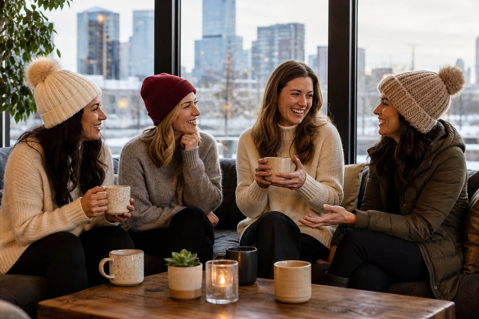 Women Sharing Warm Drinks and Winter Conversation Four women in winter clothing smile and chat on a sofa with mugs, beside large windows overlooking a snowy city.