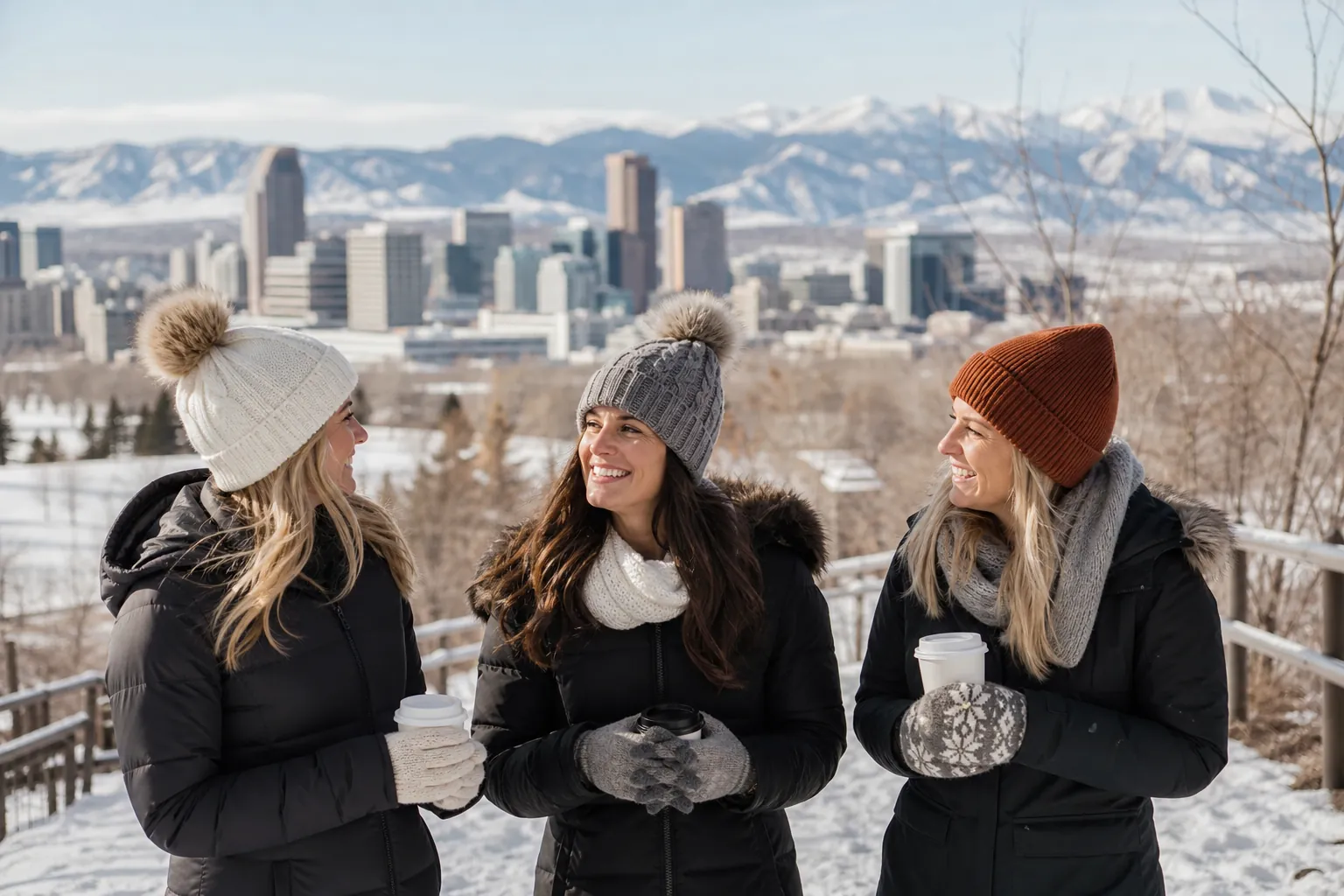 Women Connecting at a Snowy City Overlook Three women in winter coats and knit hats chat with takeaway cups at a snowy overlook above a city and mountains.