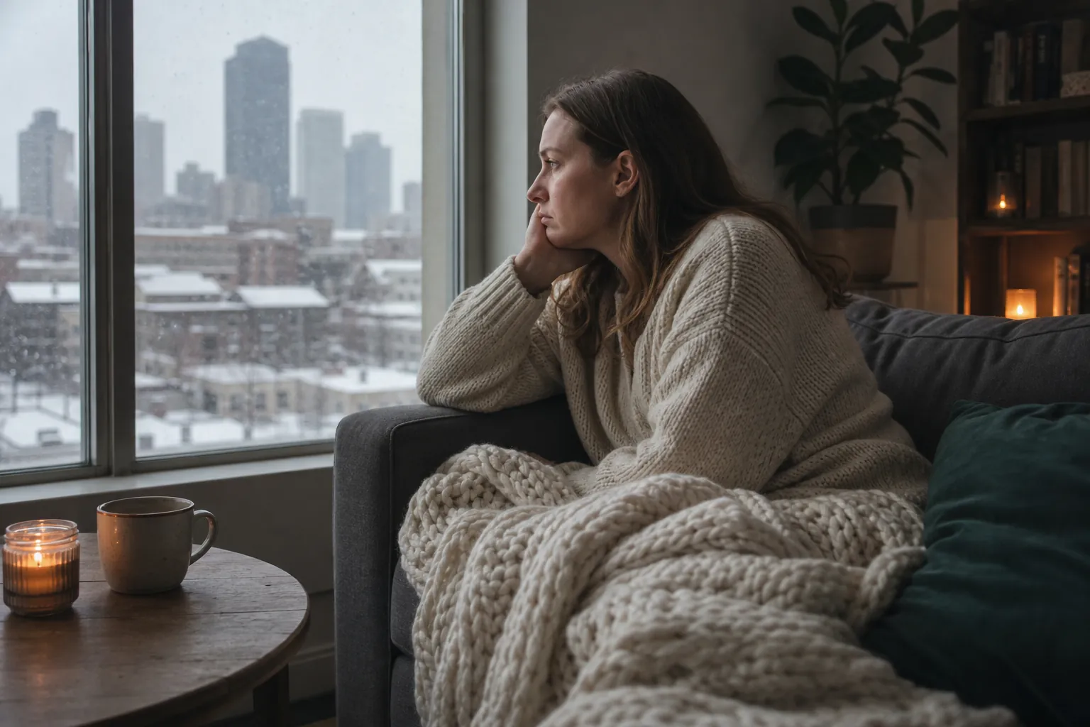 Woman Gazing at a Snowy City From Her Sofa A woman sits alone under a knit blanket on a sofa, resting her face on her hand and looking out at a snowy city.