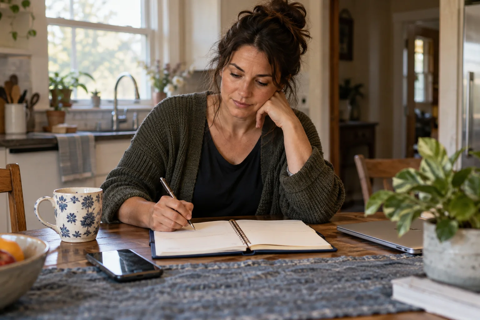 How Women Move From IOP To Outpatient Care In CO - inline-1 Illustrative scene: woman at a kitchen table pairing an open blank planner with everyday household items, no legible writing.