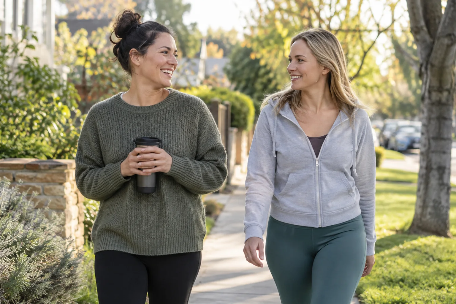 How Women Move From IOP To Outpatient Care In CO - inline-2 Illustrative scene: two adult women walking comfortably on a neighborhood sidewalk in morning light.