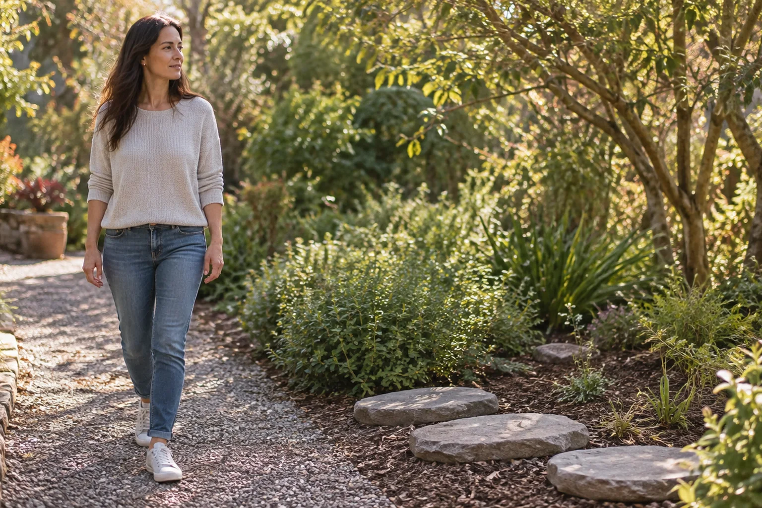 How Women Can Move From PHP To IOP In CO - hero Illustrative scene: adult woman walks on a steady footpath past three simple stepping stones in a sunlit garden, believable physical scene.