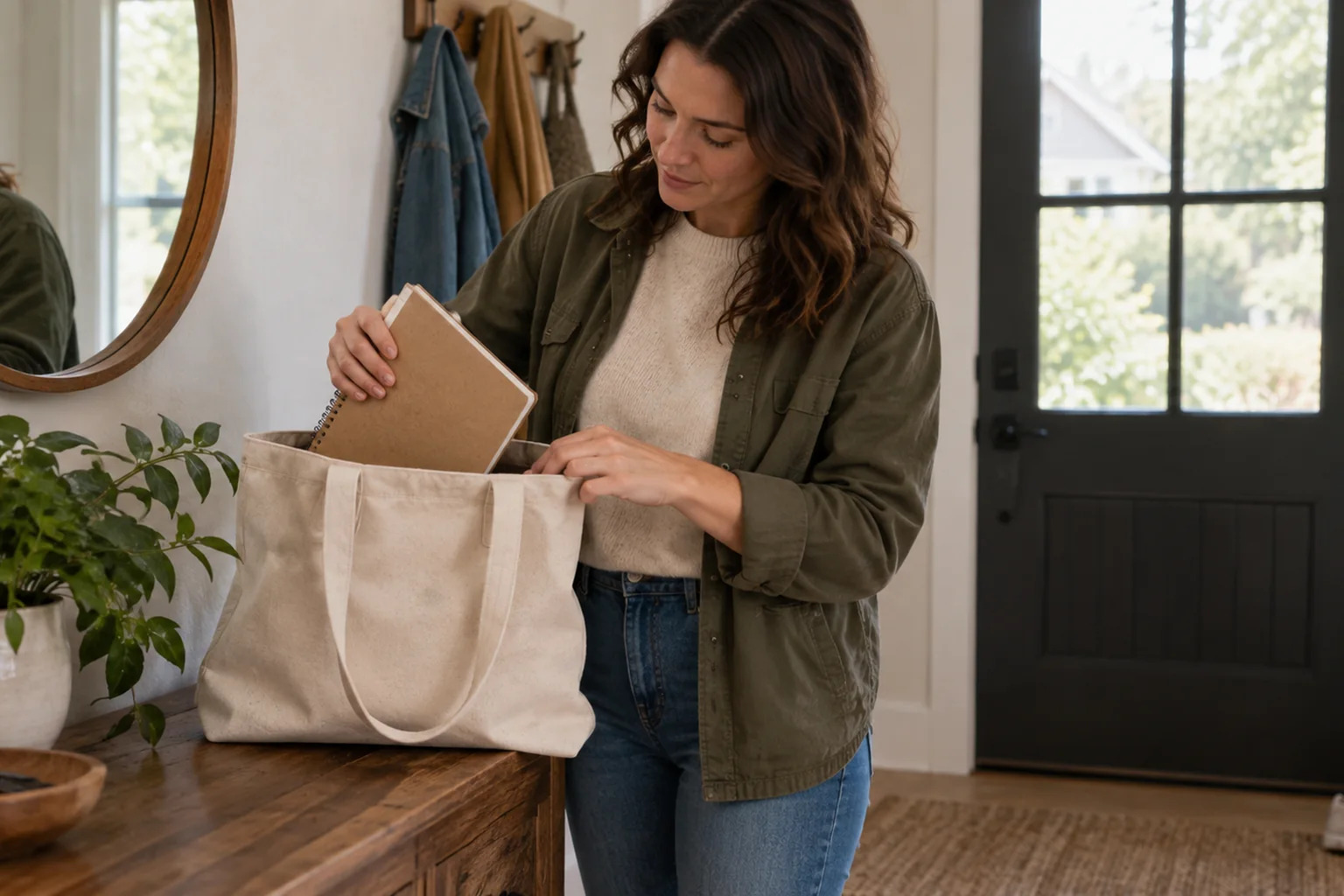 How Women Can Move From PHP To IOP In CO - inline-1 Illustrative scene: woman organizing an unmarked tote bag and plain notebook beside her front door to represent gradual routine changes.
