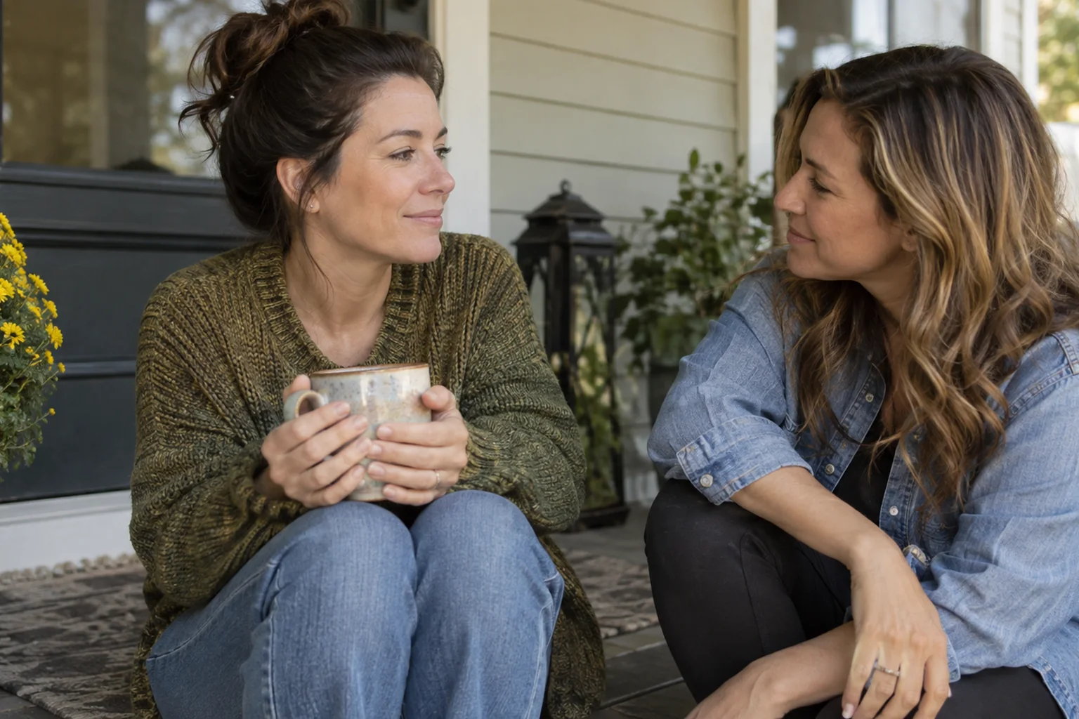 How Women Can Move From PHP To IOP In CO - inline-2 Illustrative scene: adult woman pauses on her home porch with a supportive friend nearby and relaxed eye contact.
