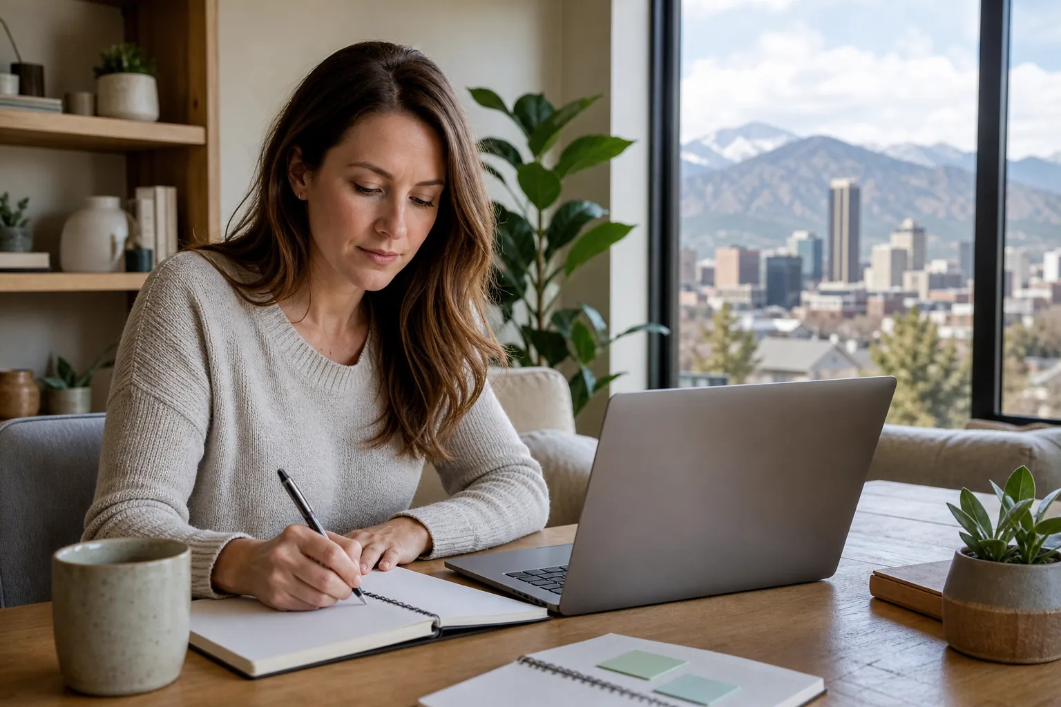 Woman Planning at a Laptop With Mountain Views A woman writes in a notebook beside an open laptop at a wooden table, with a city skyline and mountains beyond the window.