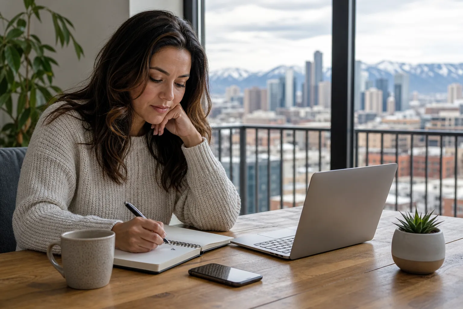 Woman Planning at a Desk With a Mountain View Woman writes in a notebook beside a laptop at a wooden table, with a city skyline and snowy mountains beyond the window.