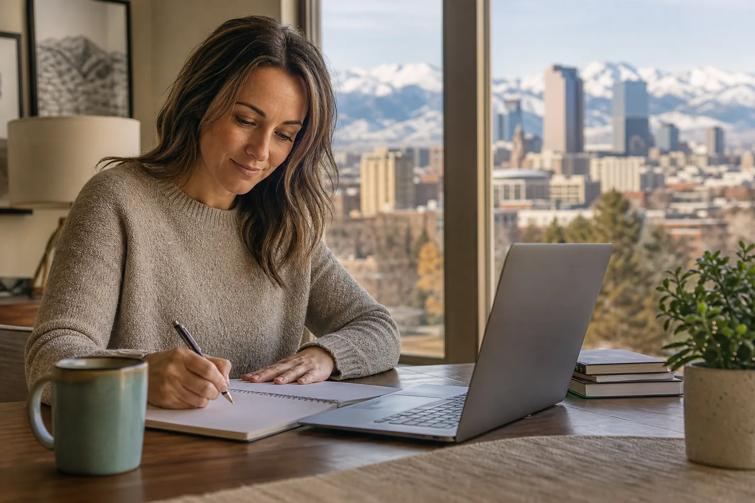 Woman Writing at a Desk With Mountain Views A woman writes in a notebook beside an open laptop at a wooden desk, with a city skyline and snowy mountains outside.