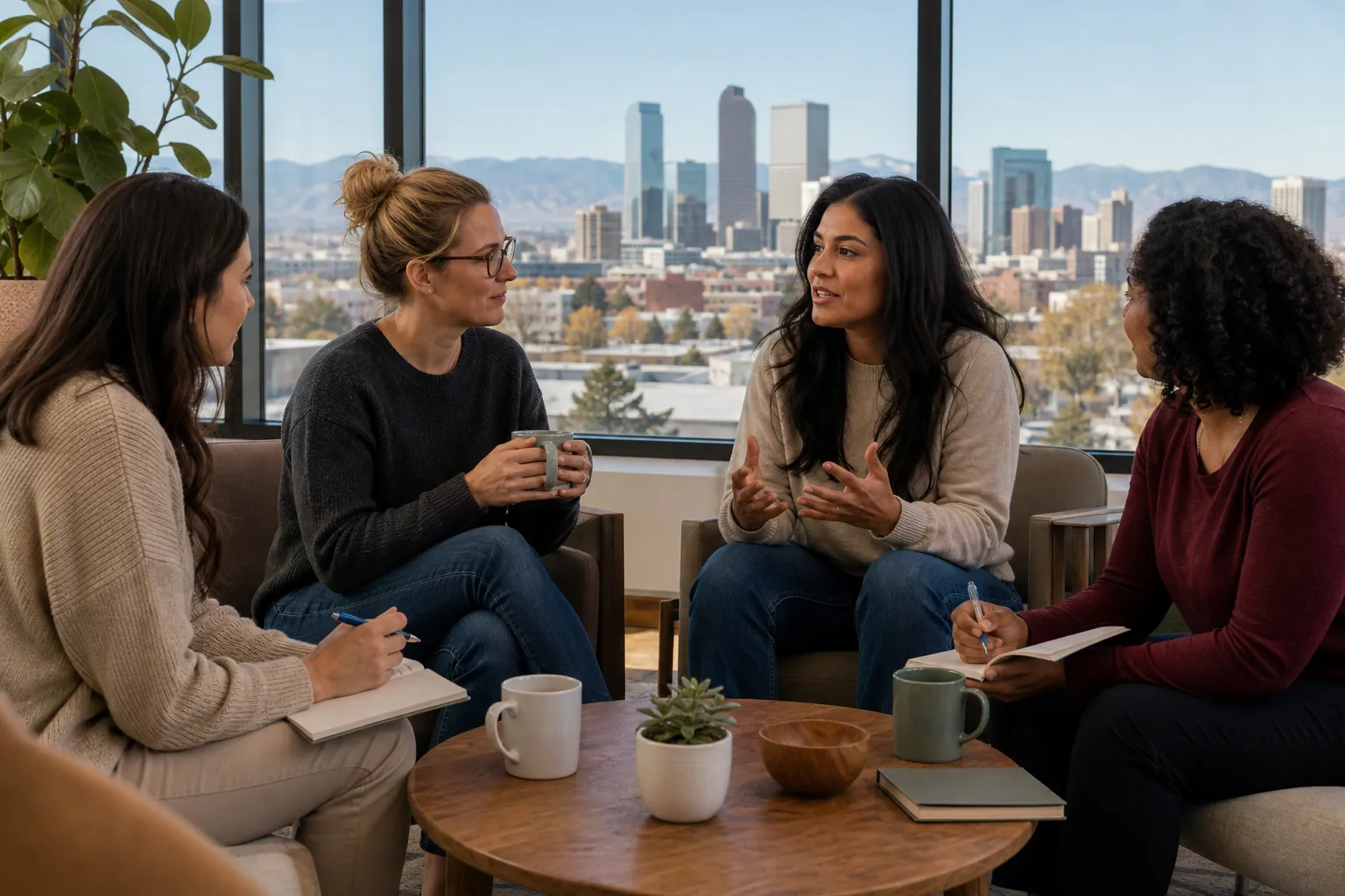 Women Discussing Support With a Denver Skyline View Four women sit in a discussion circle with notebooks and mugs beside large windows overlooking Denver and distant mountains.