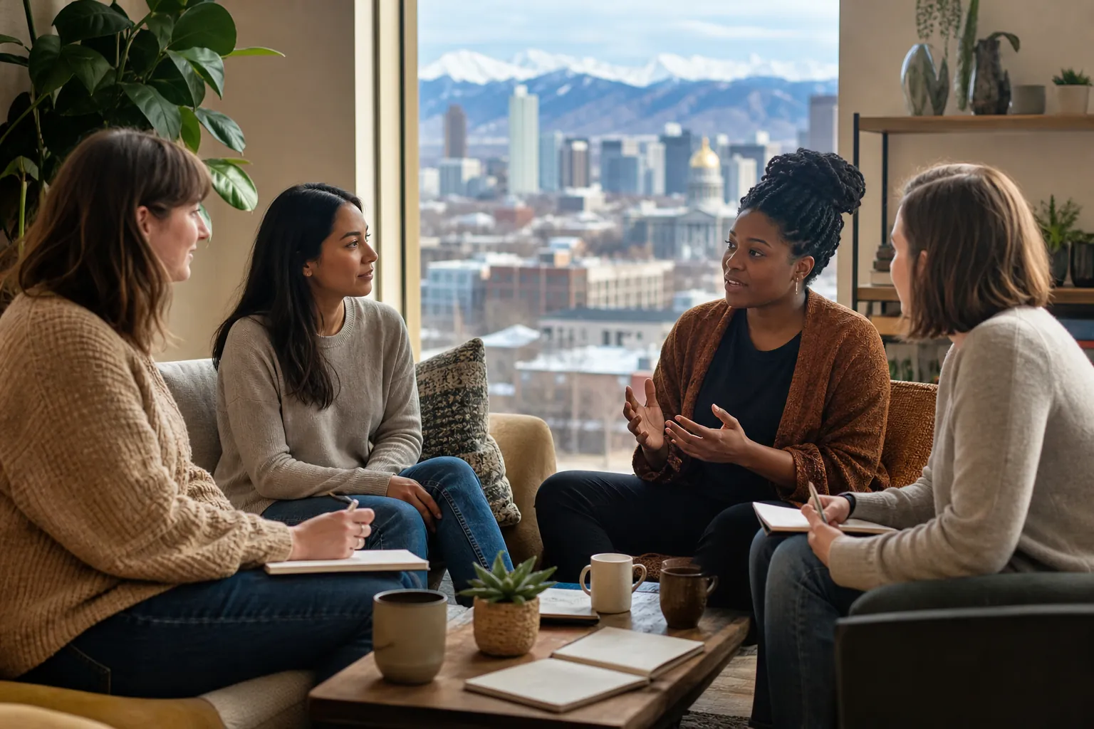 Women Sharing Support in a Small Discussion Group Four women sit in a discussion circle with notebooks and mugs, beside a window overlooking a city and snowy mountains.