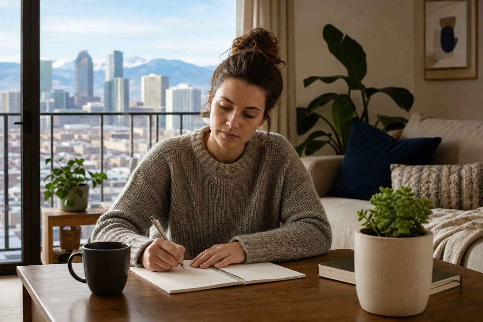 Woman Writing in a Notebook With City and Mountain Views A woman writes in an open notebook at a wooden table with a mug and plants, overlooking a city skyline and mountains.