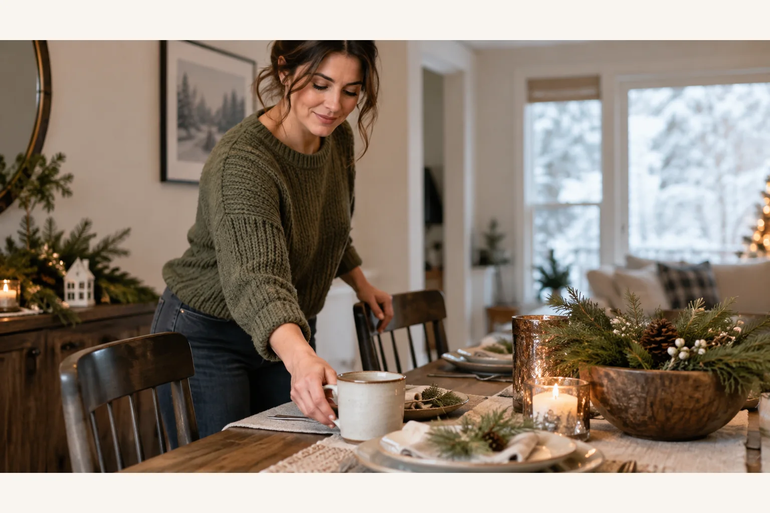 Illustrative scene: Setting a Holiday Table with Candles and Greenery Illustrative scene: A woman places a mug on a dining table decorated with candles, evergreen branches, and pinecones in a snowy holiday setting.