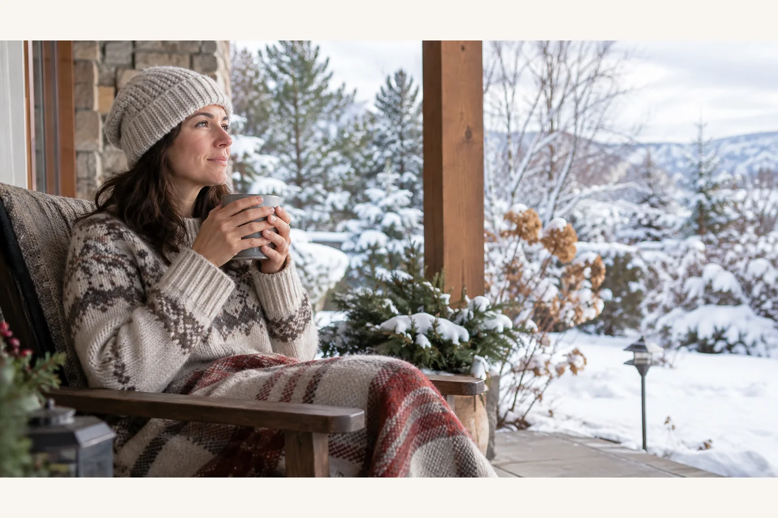 Illustrative scene: Quiet Winter Rest on a Snowy Mountain Porch Illustrative scene: A woman in a knit hat and sweater holds a mug under a plaid blanket on a porch overlooking snowy trees and mountains.