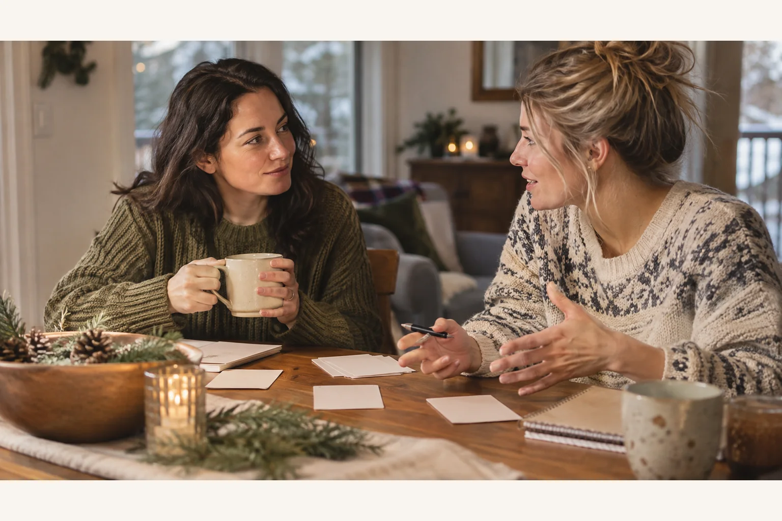 Illustrative scene: Two Women Talking at a Holiday-Decorated Table Illustrative scene: Two women talk at a wooden table with mugs, blank cards, notebooks, candles, and evergreen decorations in a cozy room.