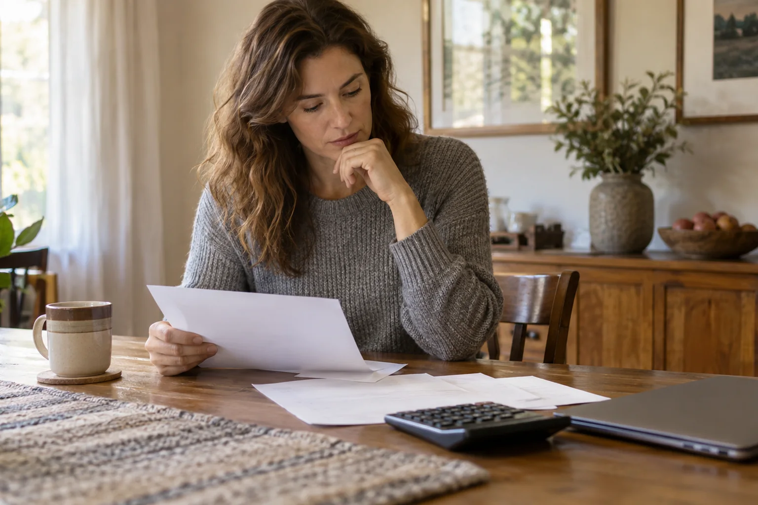 How Women Can Plan For Treatment Costs In CO - hero Illustrative scene: adult woman reviewing a few blank papers with a calculator and closed laptop at her dining table.