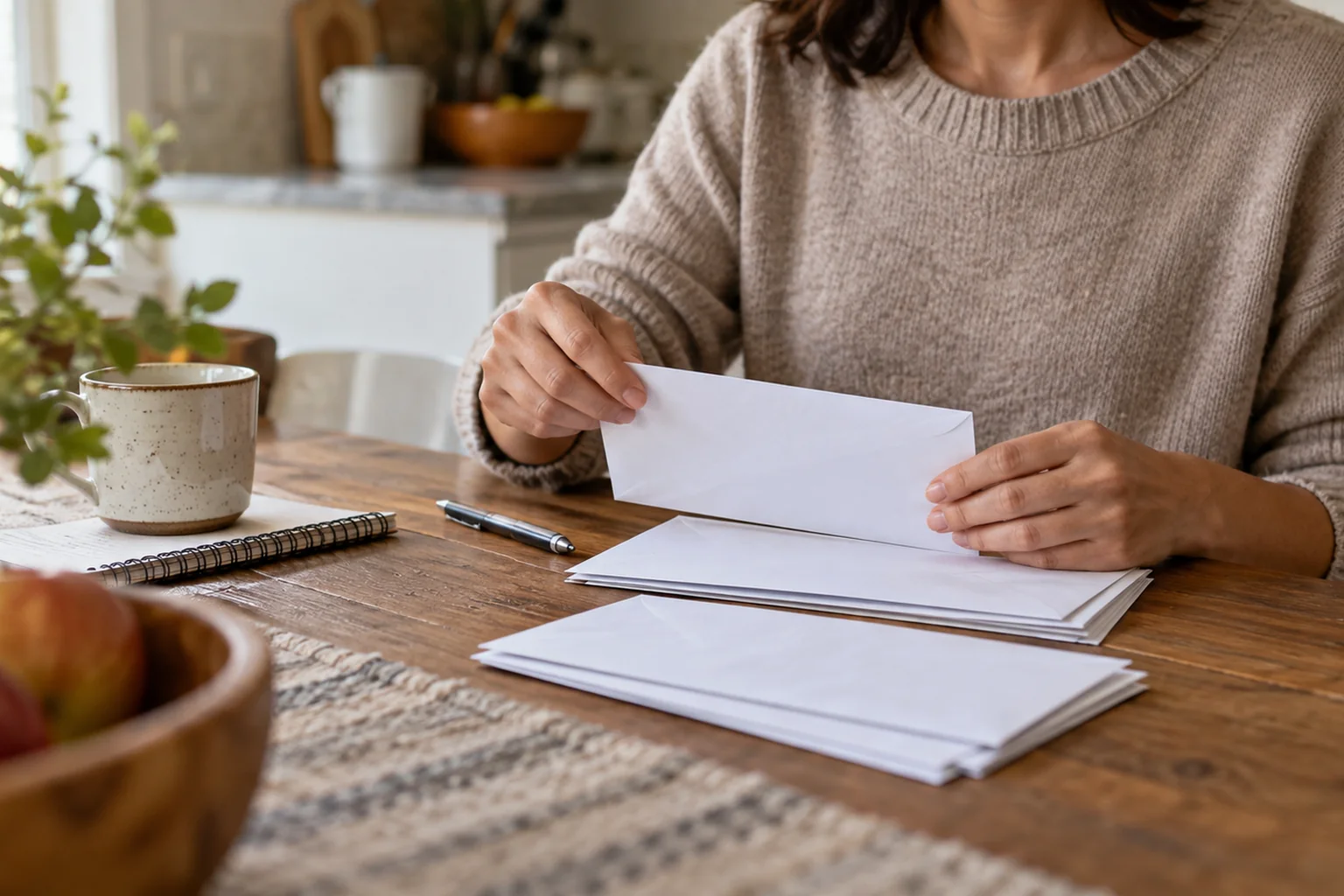 How Women Can Plan For Treatment Costs In CO - inline-1 Illustrative scene: close-up of a neat everyday budgeting arrangement with unmarked envelopes and a pen on a kitchen table.